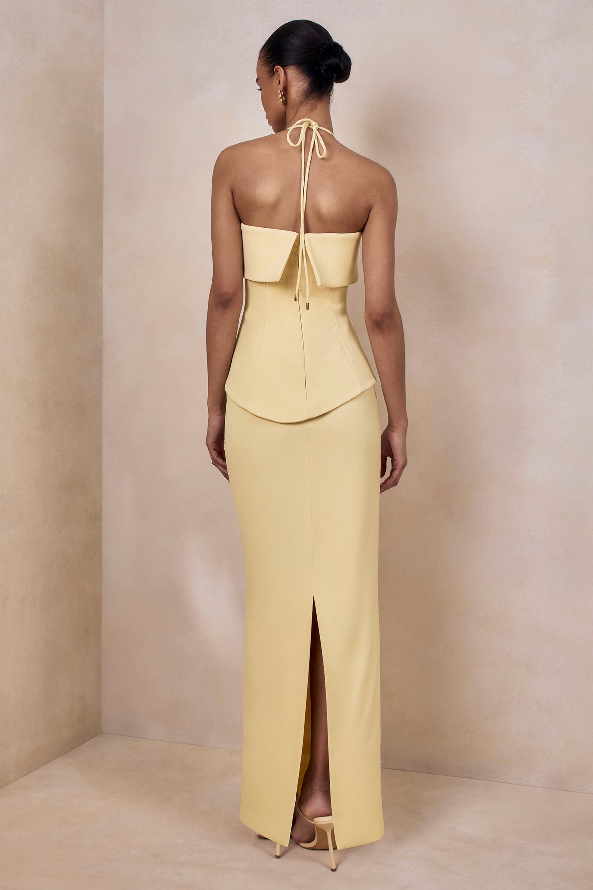 Fran | Lemon Scuba Square Neck Maxi Dress With Corset And Back Split