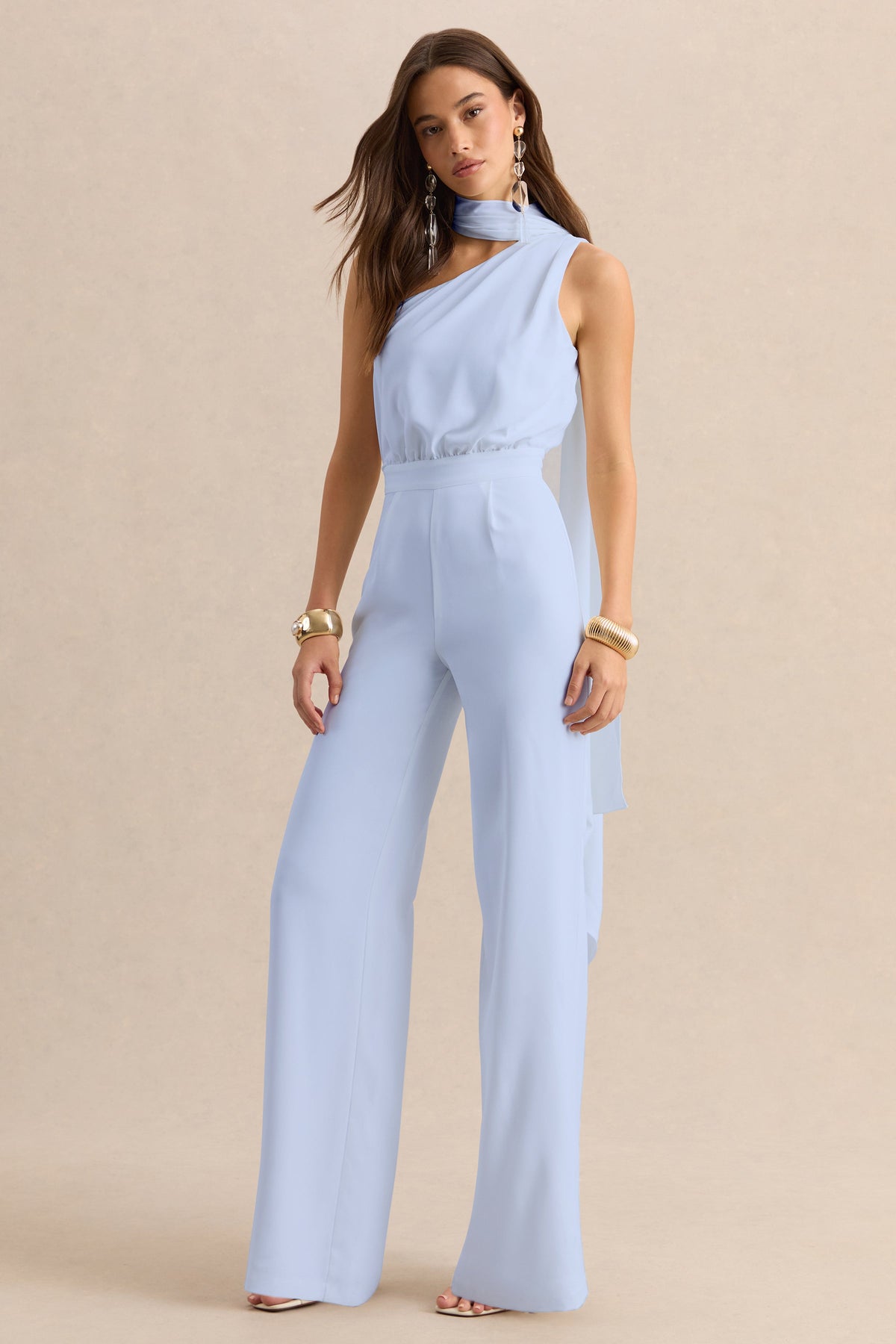 Gliselle | Powder Blue One Shoulder Jumpsuit With Scarf Detail