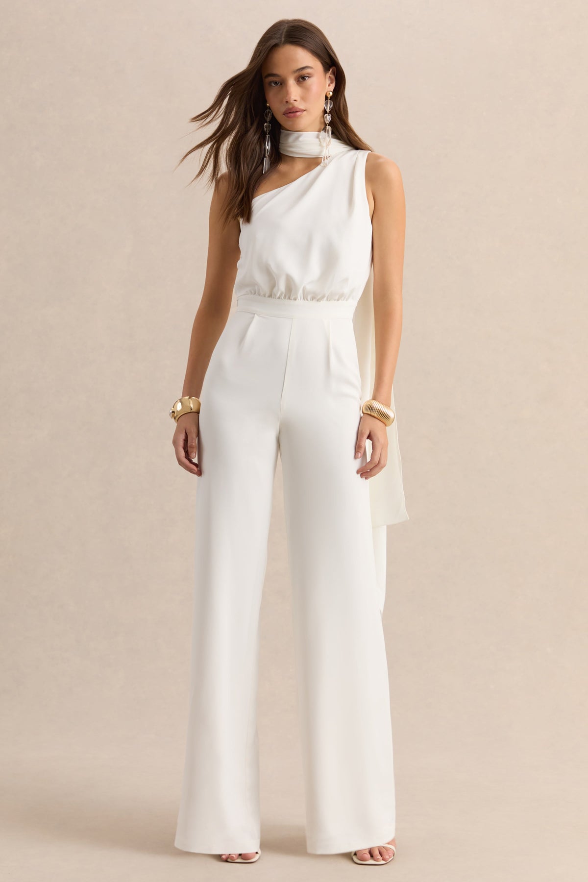 Gliselle | White One Shoulder Jumpsuit With Scarf Detail