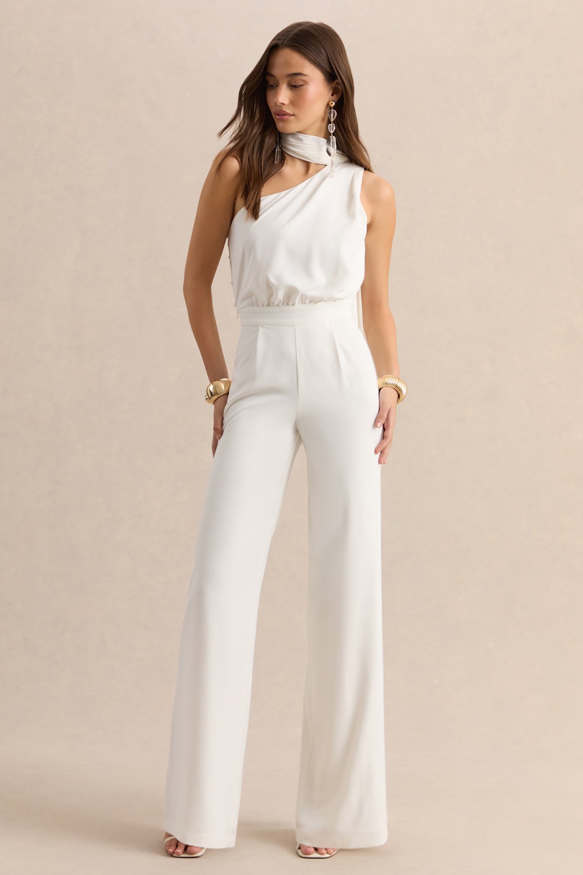 Gliselle | White One Shoulder Jumpsuit With Scarf Detail