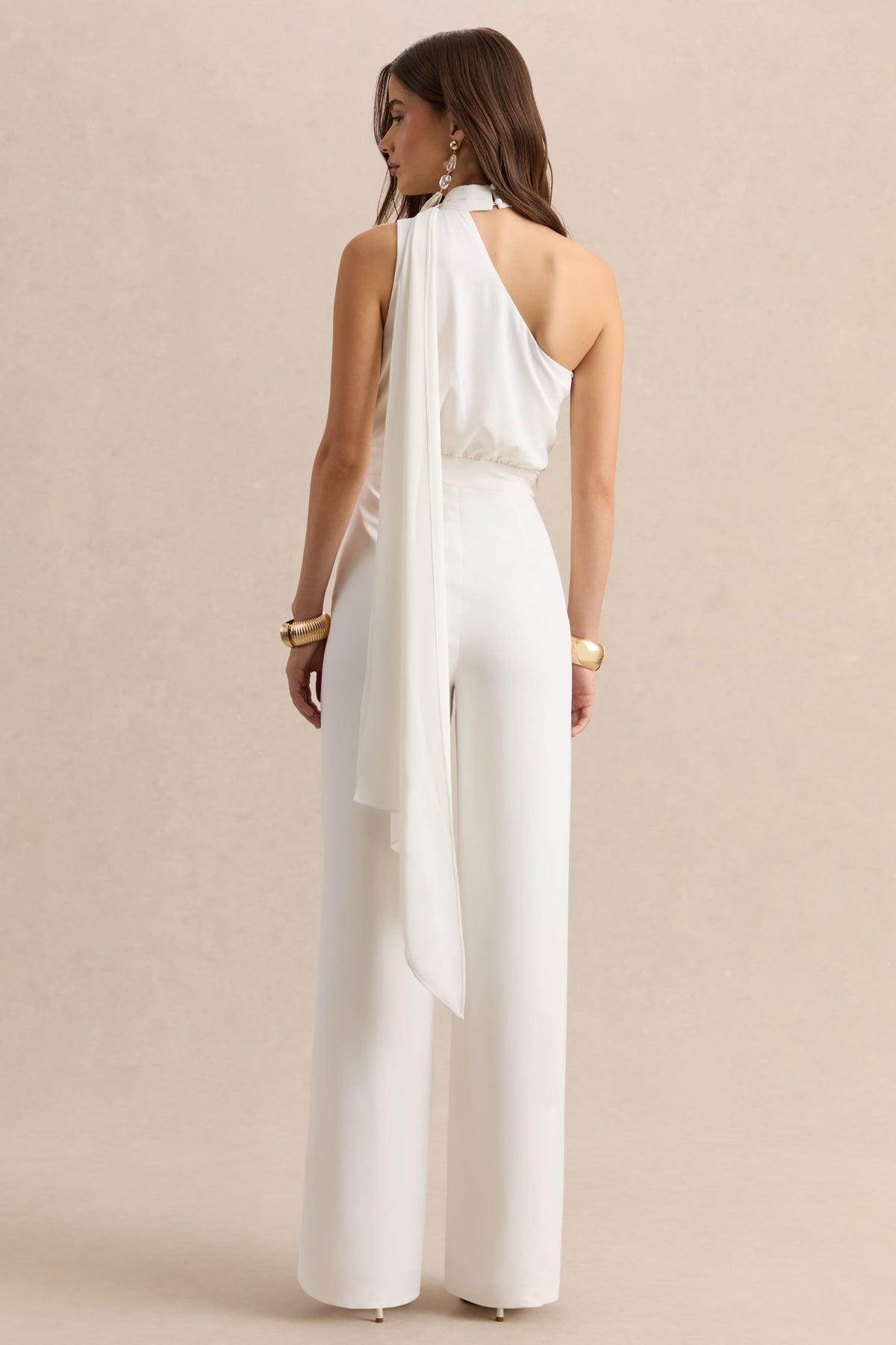 Gliselle | White One Shoulder Jumpsuit With Scarf Detail