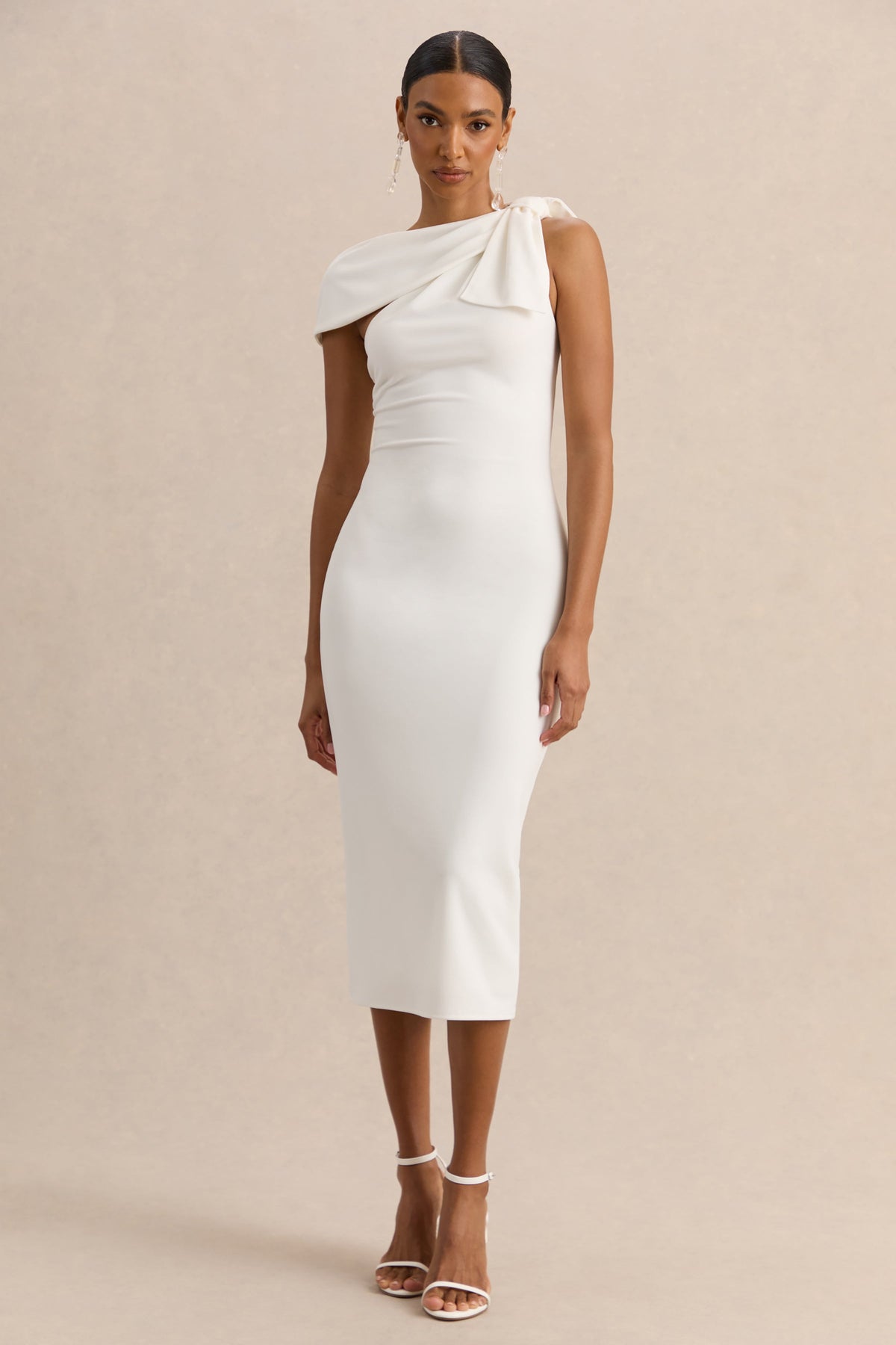 Clarina | White Asymmetric-Neck Midi Dress With Bow-Detail
