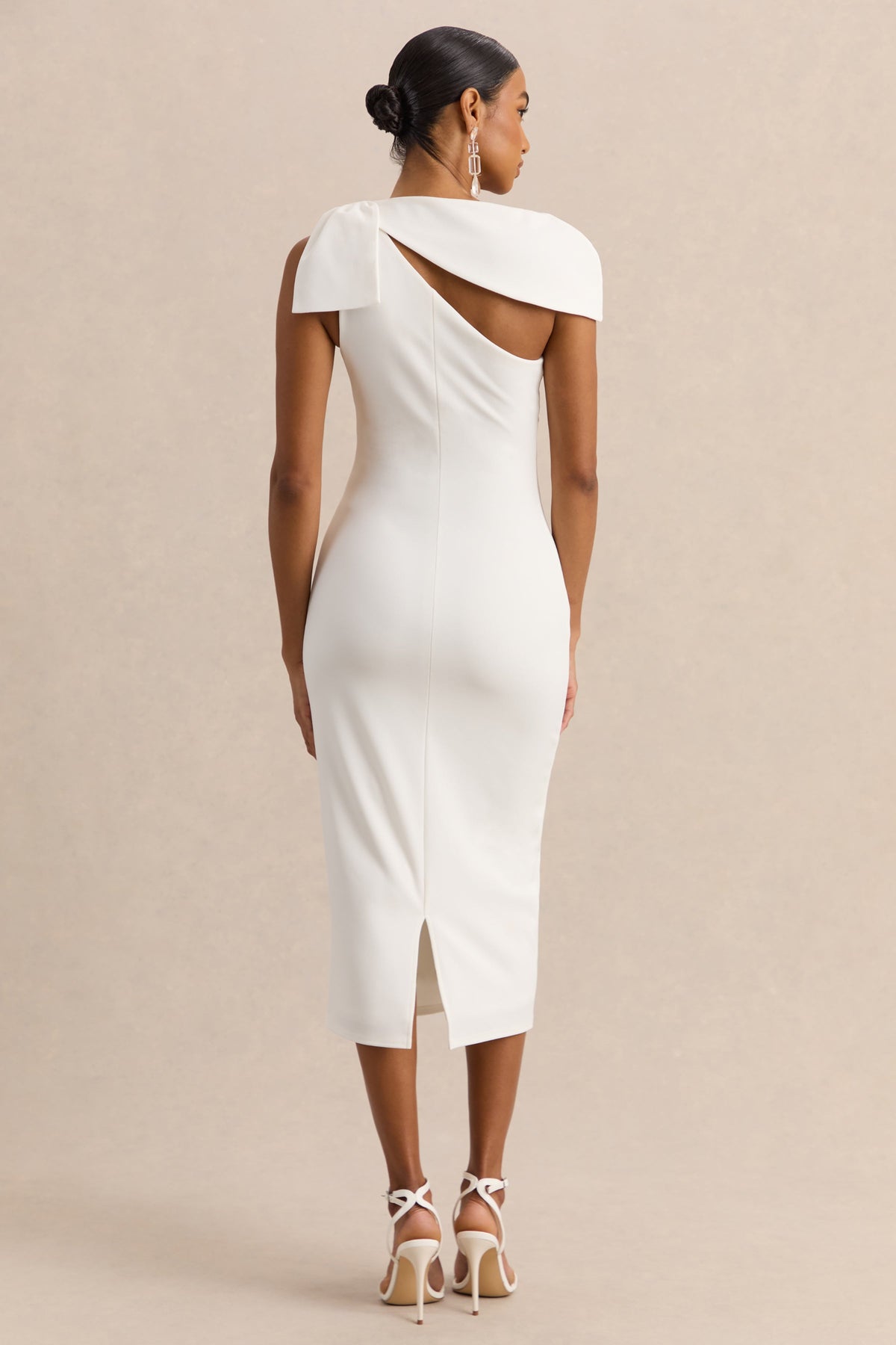 Clarina | White Asymmetric-Neck Midi Dress With Bow-Detail