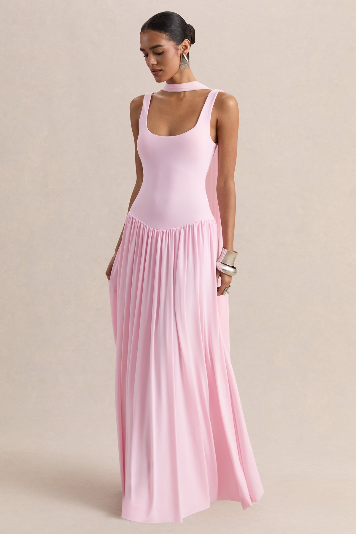 Aurina | Pink Square-Neck Maxi Dress With Scarf-Detail