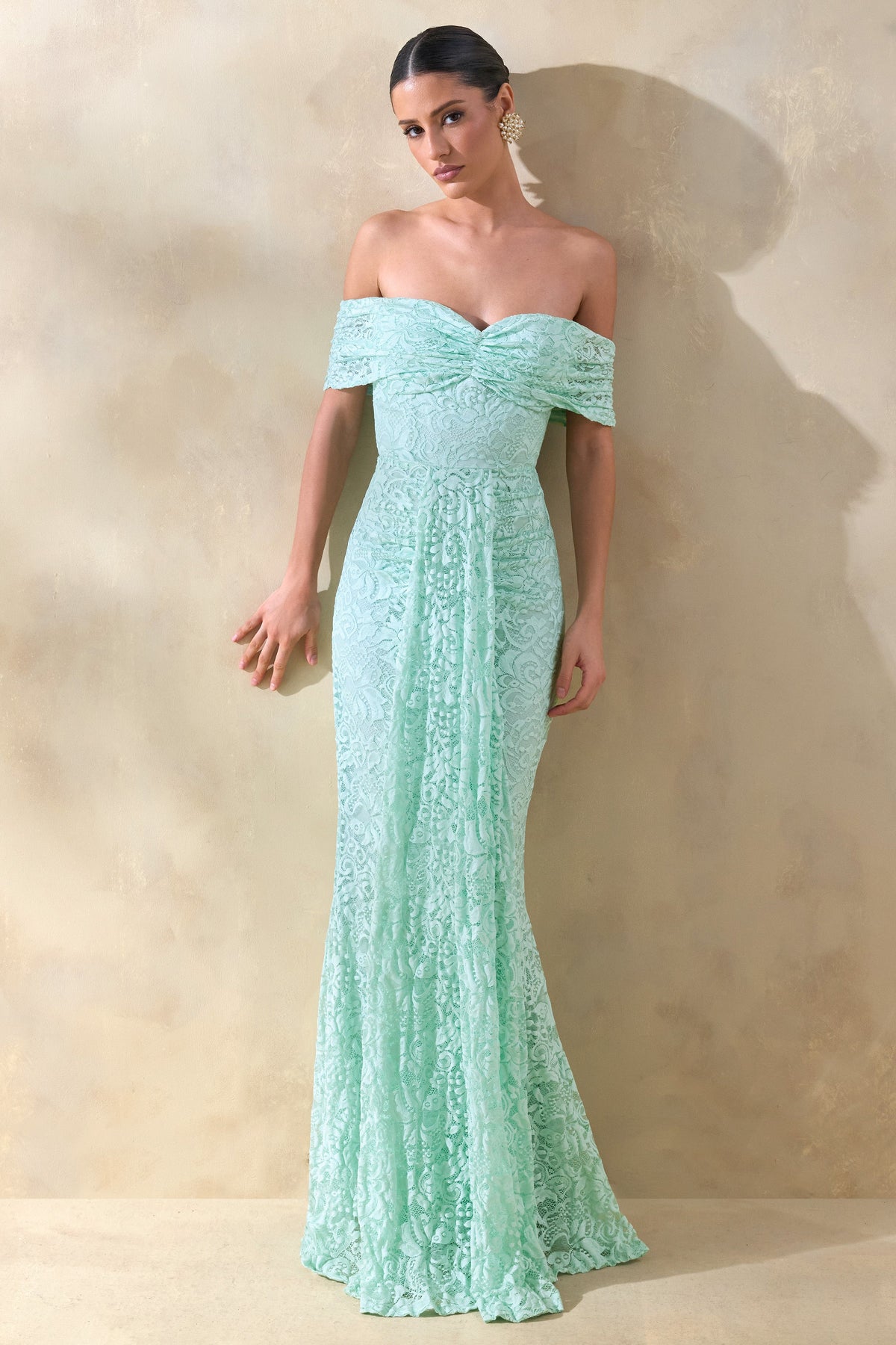 Aries | Mint Lace Bardot-Neck Maxi Dress With Gathered Detailing