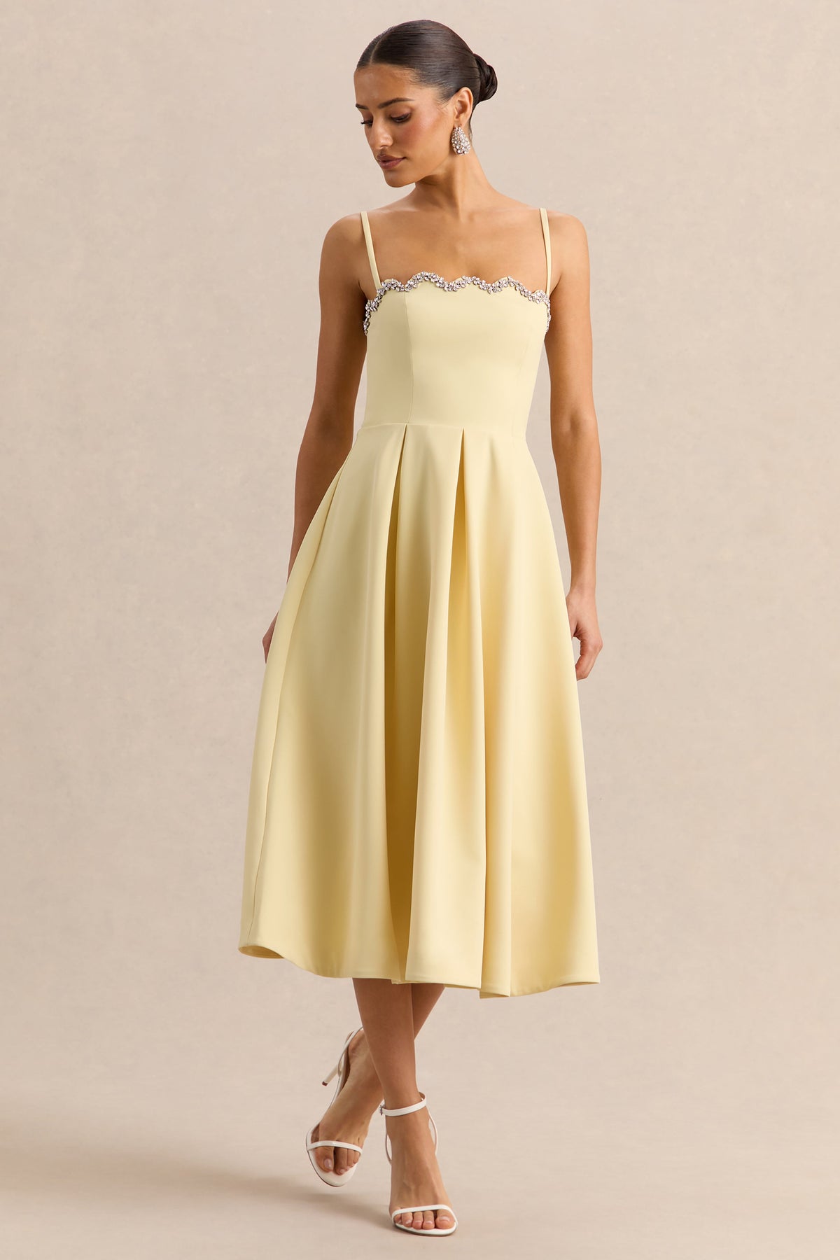 Evoria | Lemon Scalloped Square-Neck Midi Dress
