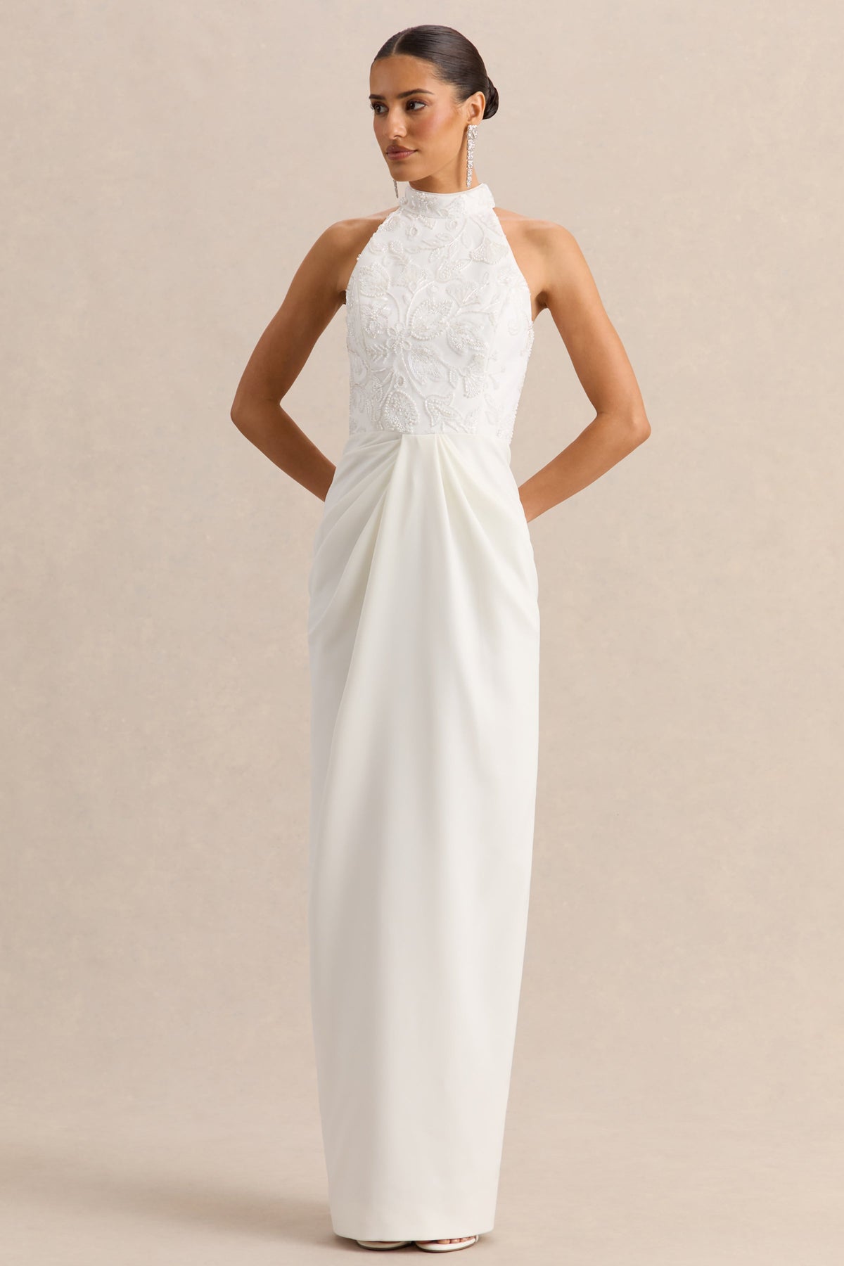 Charlotte | White Halter-Neck Maxi Dress With Gathered-Detailing