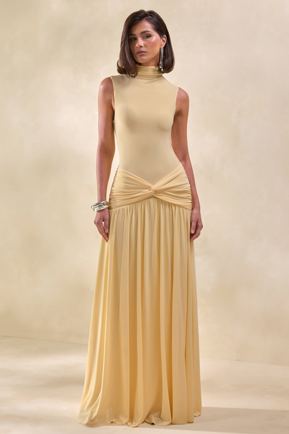 Glimora | Lemon High-Neck Maxi Dress With Ruched-Detailing
