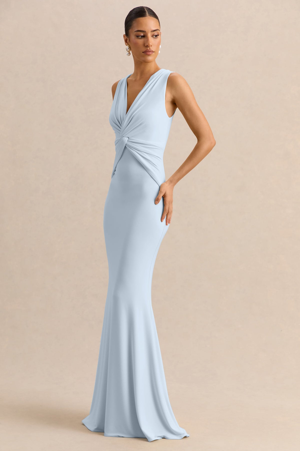 Holly | Powder Blue Jersey Plunge Maxi Dress With Twist Detailing