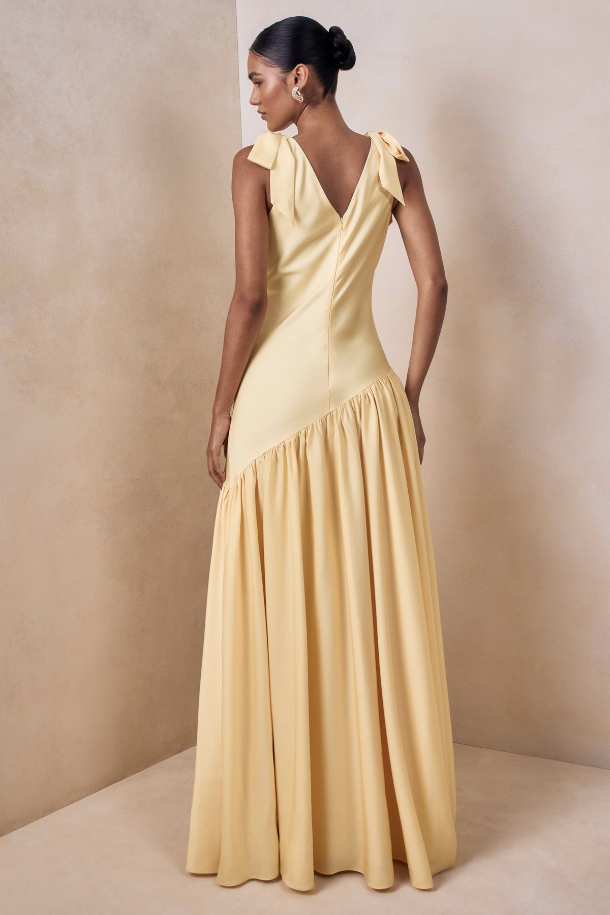 Cala | Lemon Matte Satin Plunge-Neck Maxi Dress With Bow-Sleeves