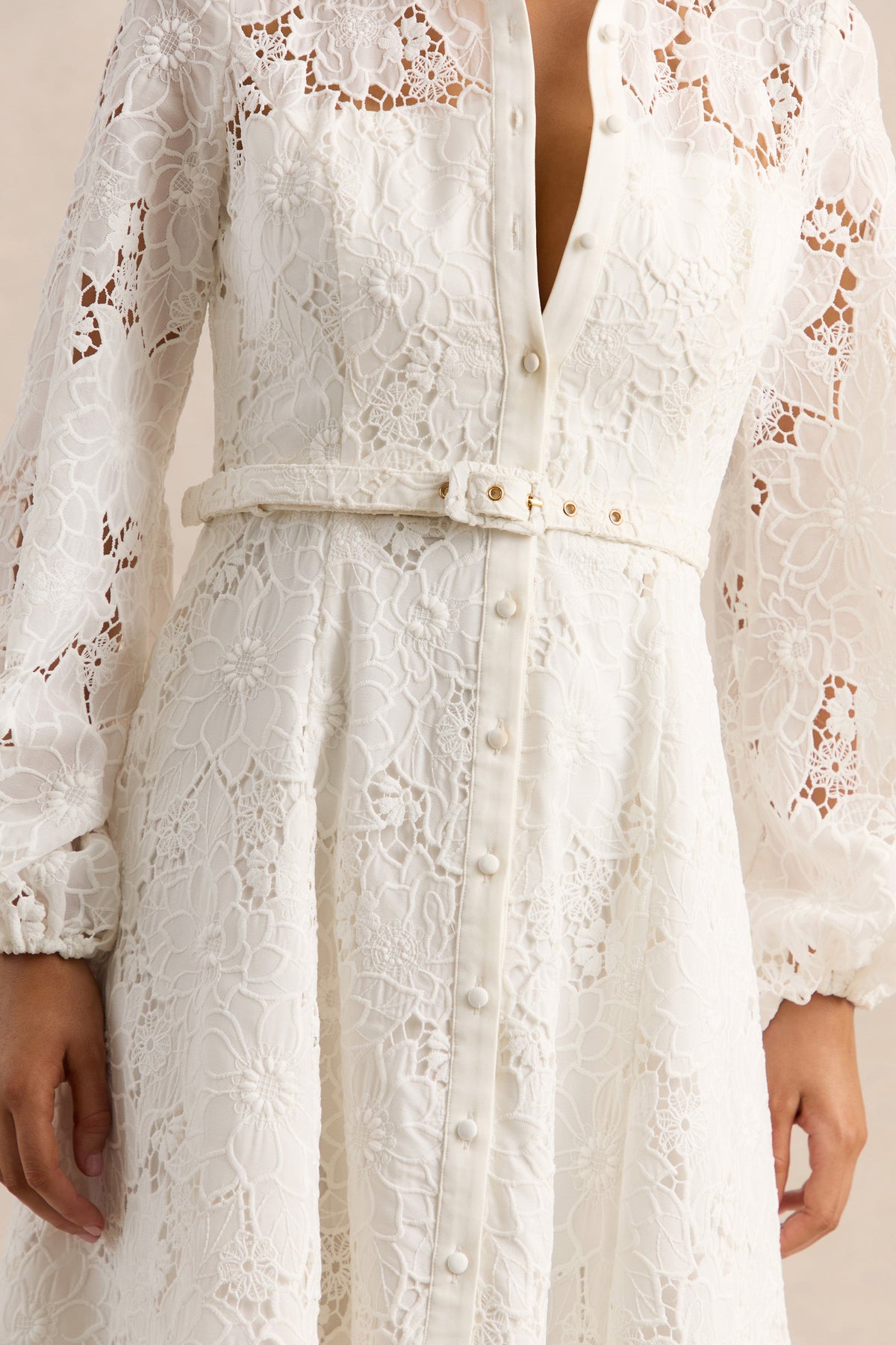 Jules | Cream Broderie V Neck Long Sleeve A-Line Midi Dress With Belt Detail