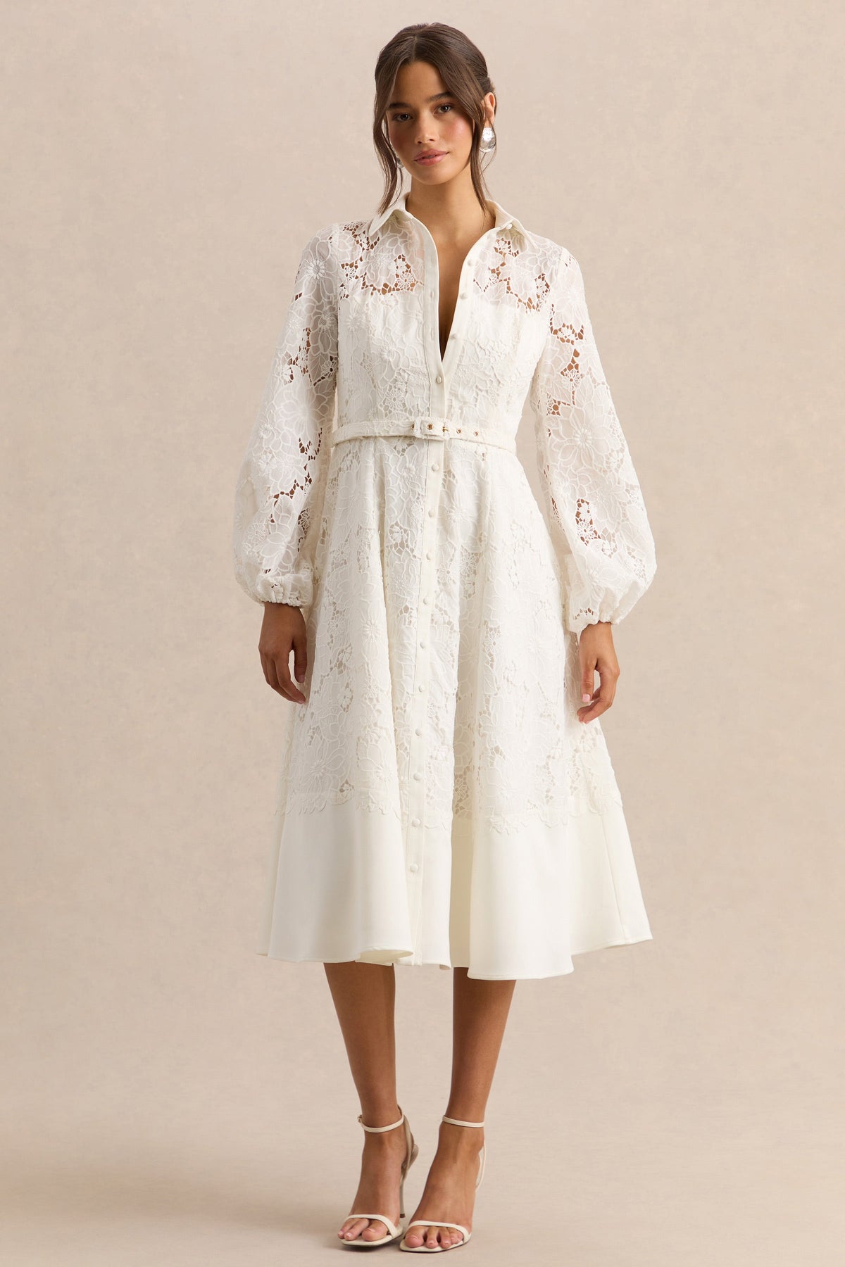 Jules | Cream Broderie V Neck Long Sleeve A-Line Midi Dress With Belt Detail