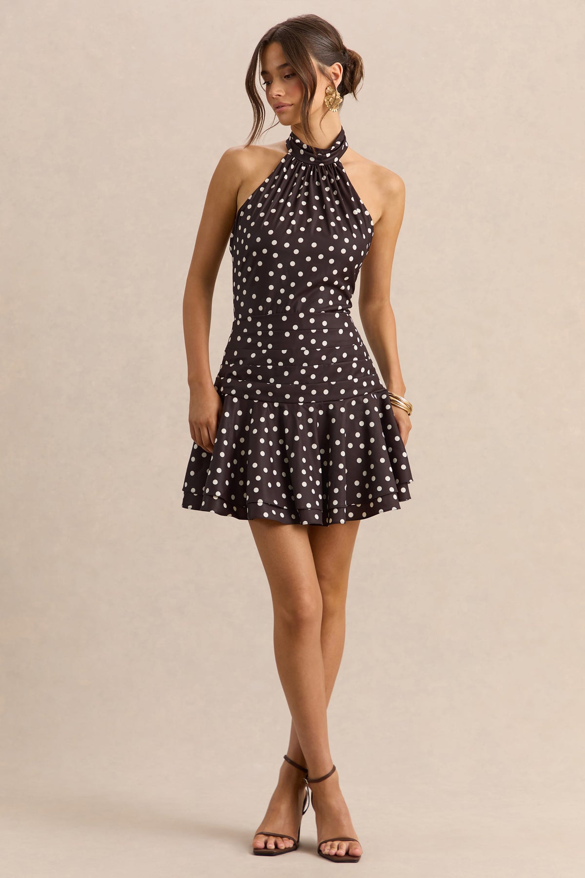 Florence | Brown and White Satin Halter-Neck Mini Dress