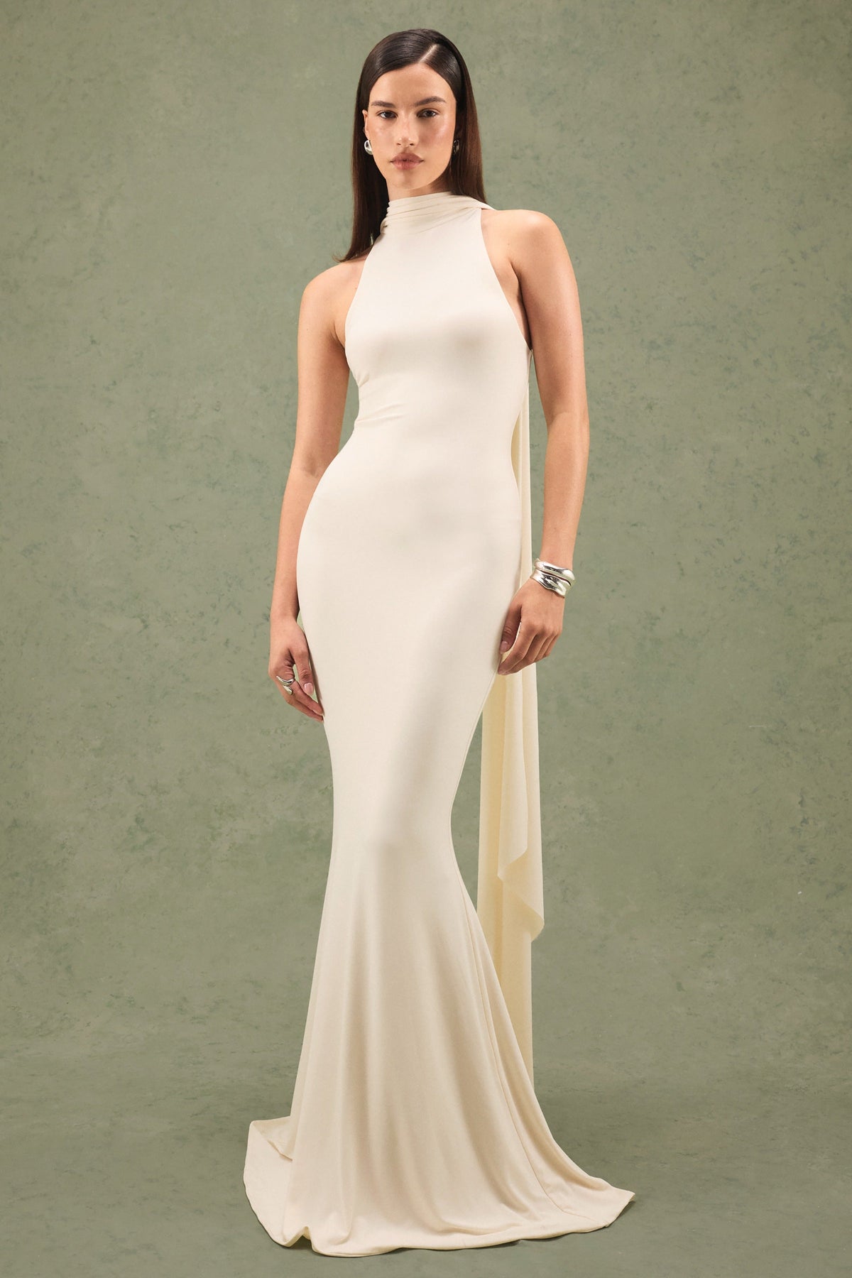Cordy | Cream Jersey High Neck Maxi Dress With Scarf Detail