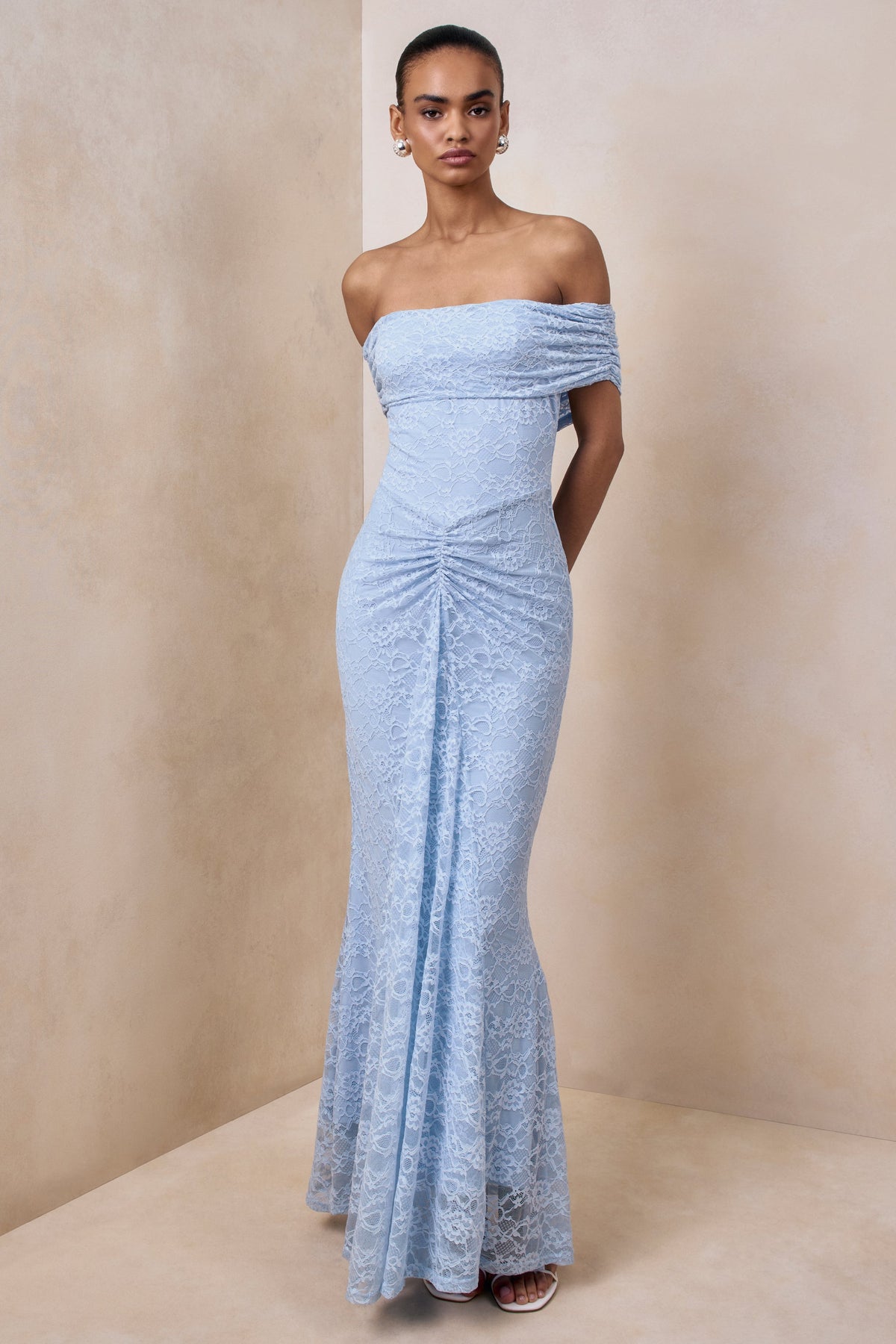 Elinor | Powder Blue Lace Bardot-Neck Maxi Dress With Gathered-Detailing