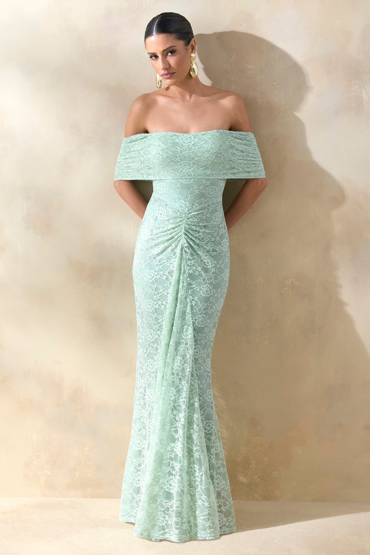 Elinor | Sage Lace Bardot-Neck Maxi Dress With Gathered-Detailing