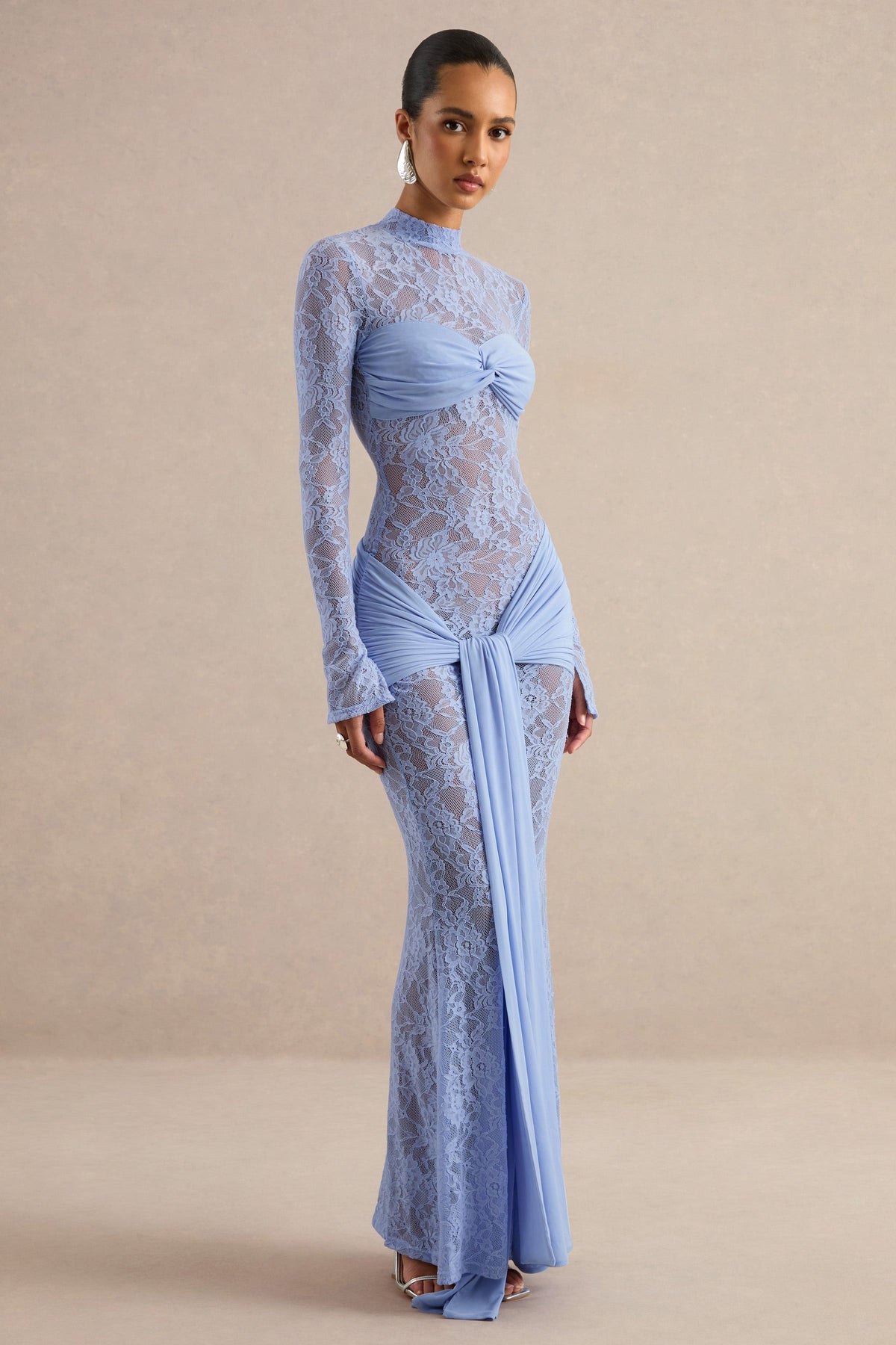 Akira | Light Blue Sheer Lace High Neck Long Sleeve Maxi Dress With Gathered Detailing And Sash
