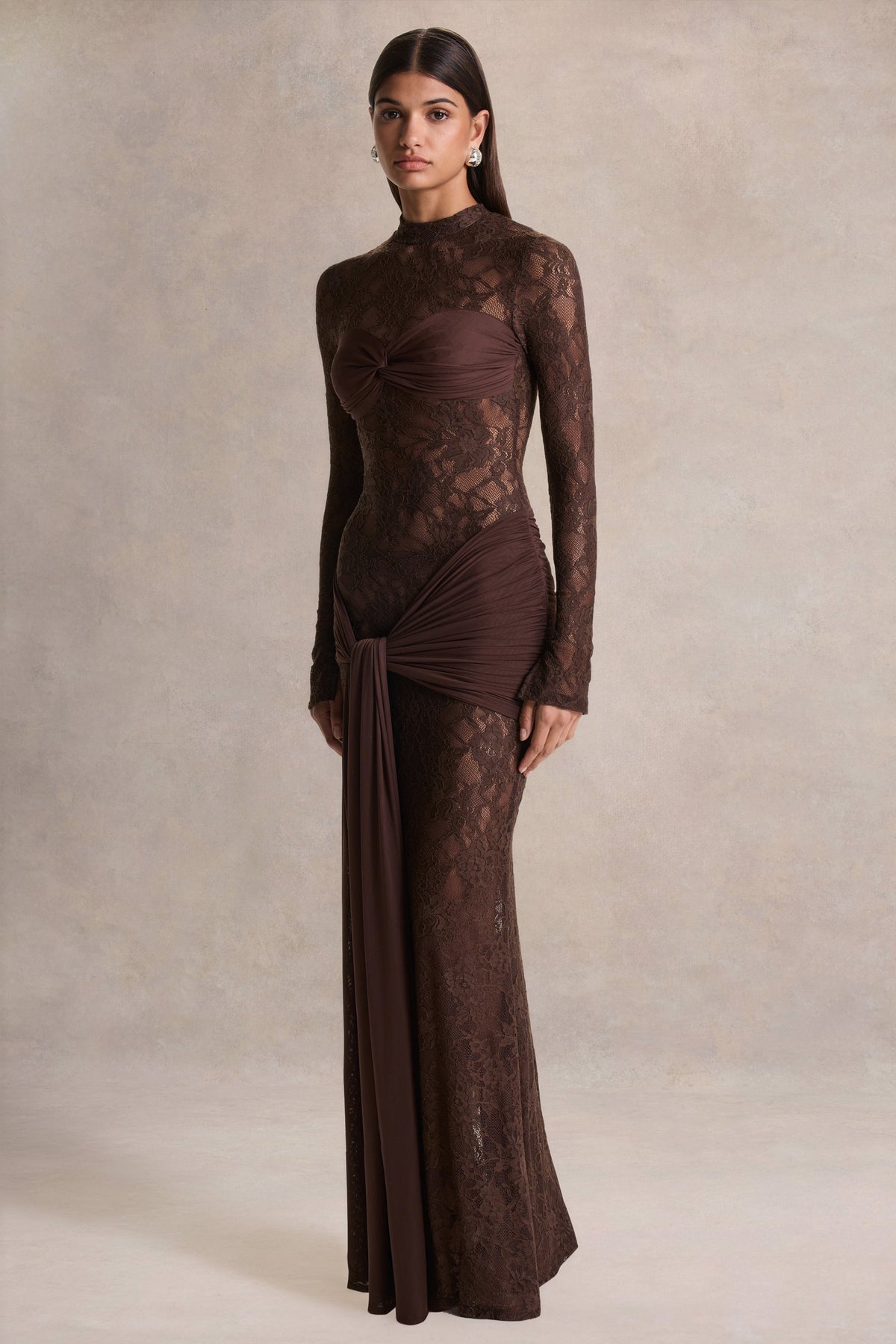 Akira | Brown Sheer Lace High Neck Long Sleeve Maxi Dress With Gathered Detailing And Sash