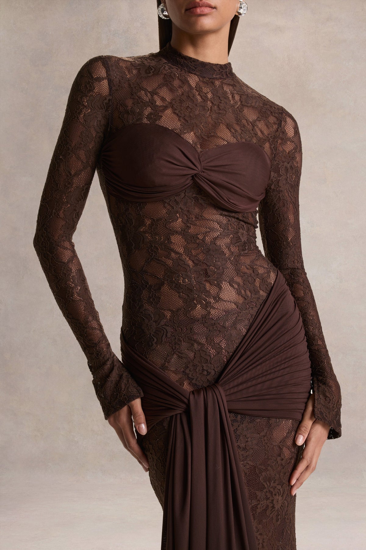 Akira | Brown Sheer Lace High Neck Long Sleeve Maxi Dress With Gathered Detailing And Sash