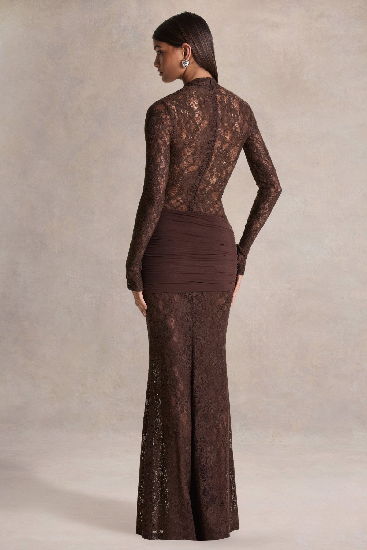 Akira | Brown Sheer Lace High Neck Long Sleeve Maxi Dress With Gathered Detailing And Sash