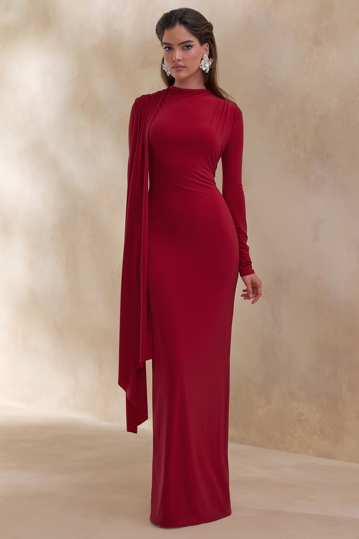 Amaria | Red High-Neck Maxi Dress With Sash-Detail
