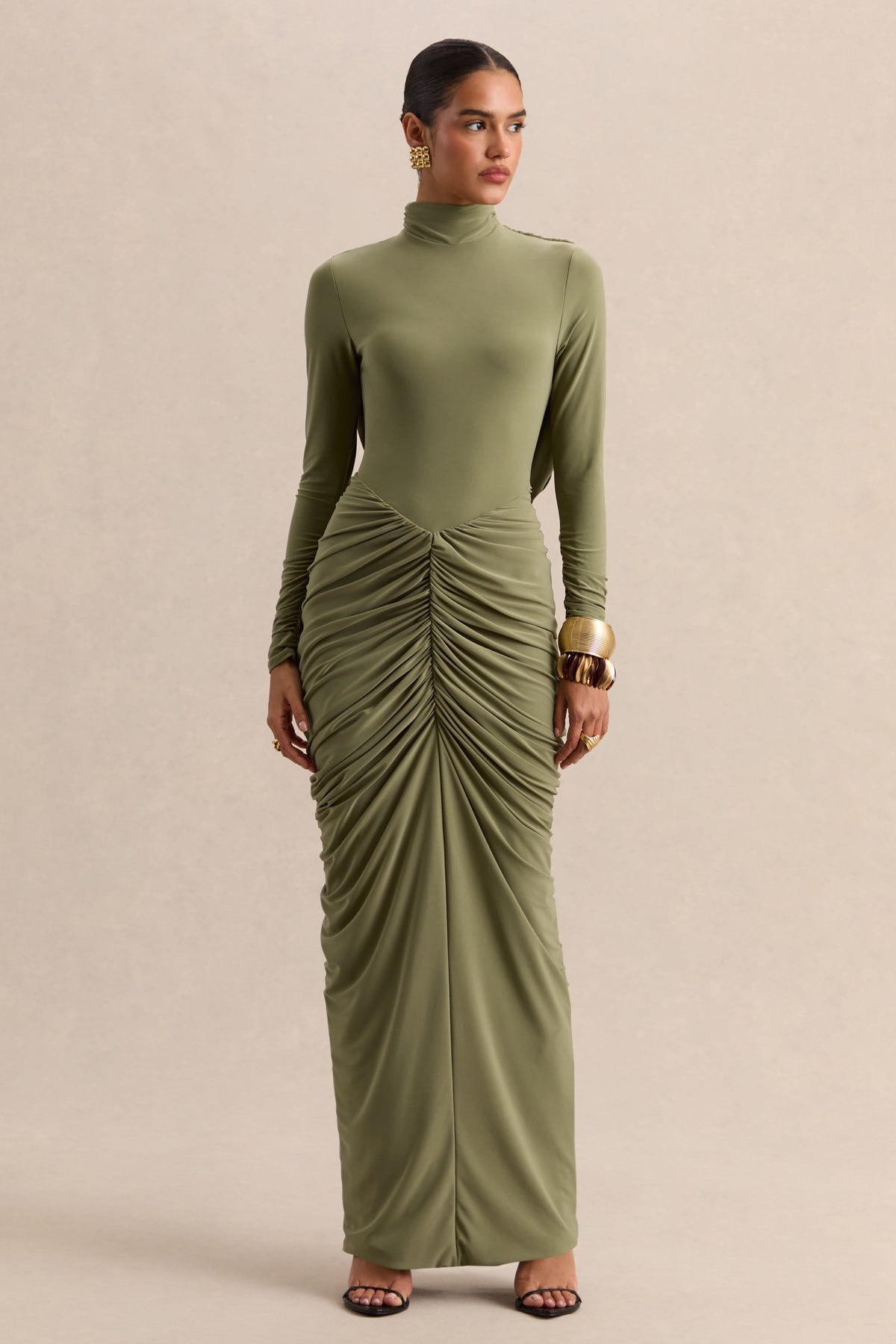 Harmona | Olive High-Neck Maxi Dress With Gathered And Draped-Detailing