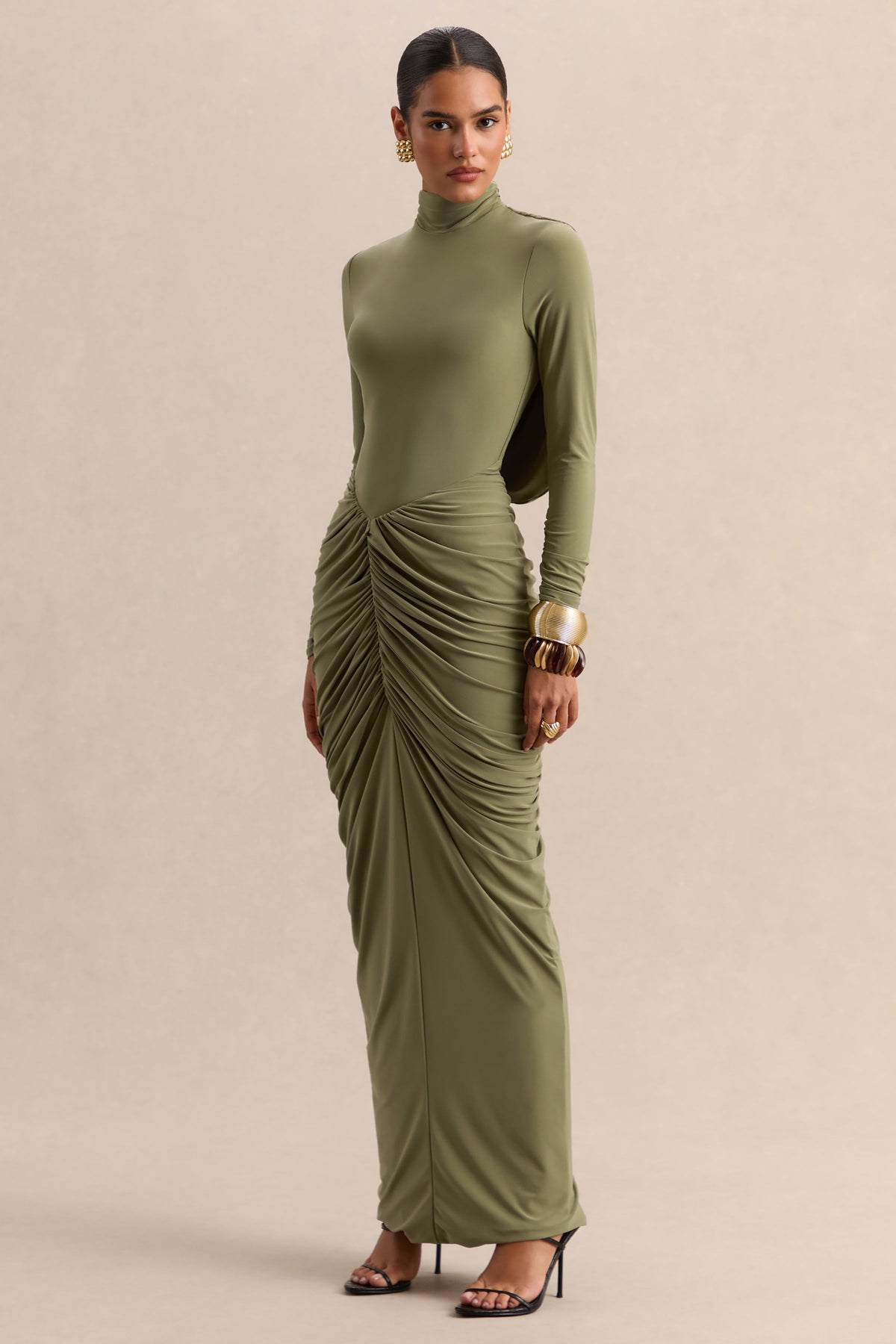 Harmona | Olive High-Neck Maxi Dress With Gathered And Draped-Detailing