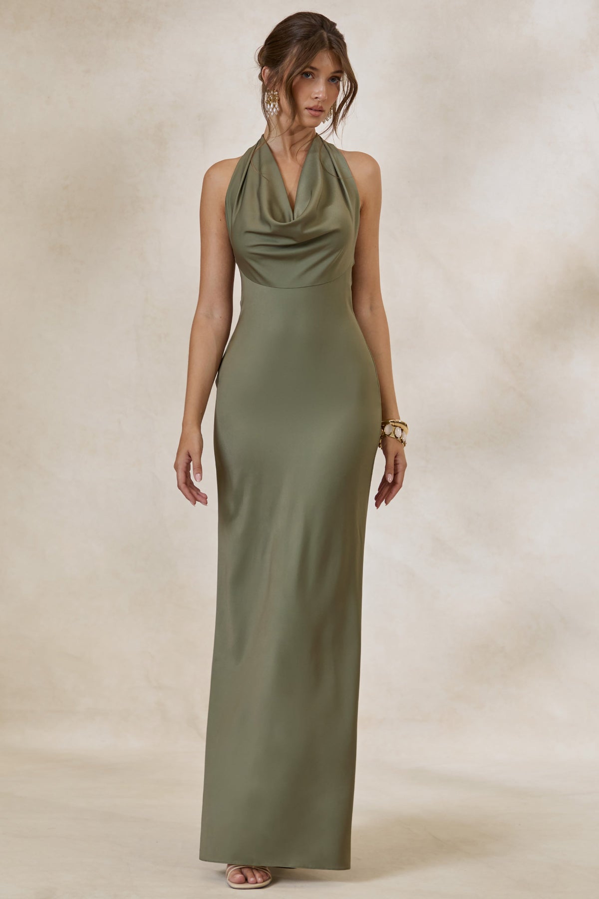 Aralisse | Khaki Satin Cowl-Neck Maxi Dress