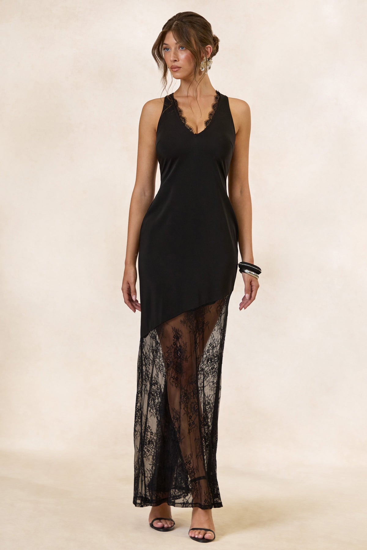 Ardelia | Black Satin Plunge Maxi Dress With Sheer Lace Skirt