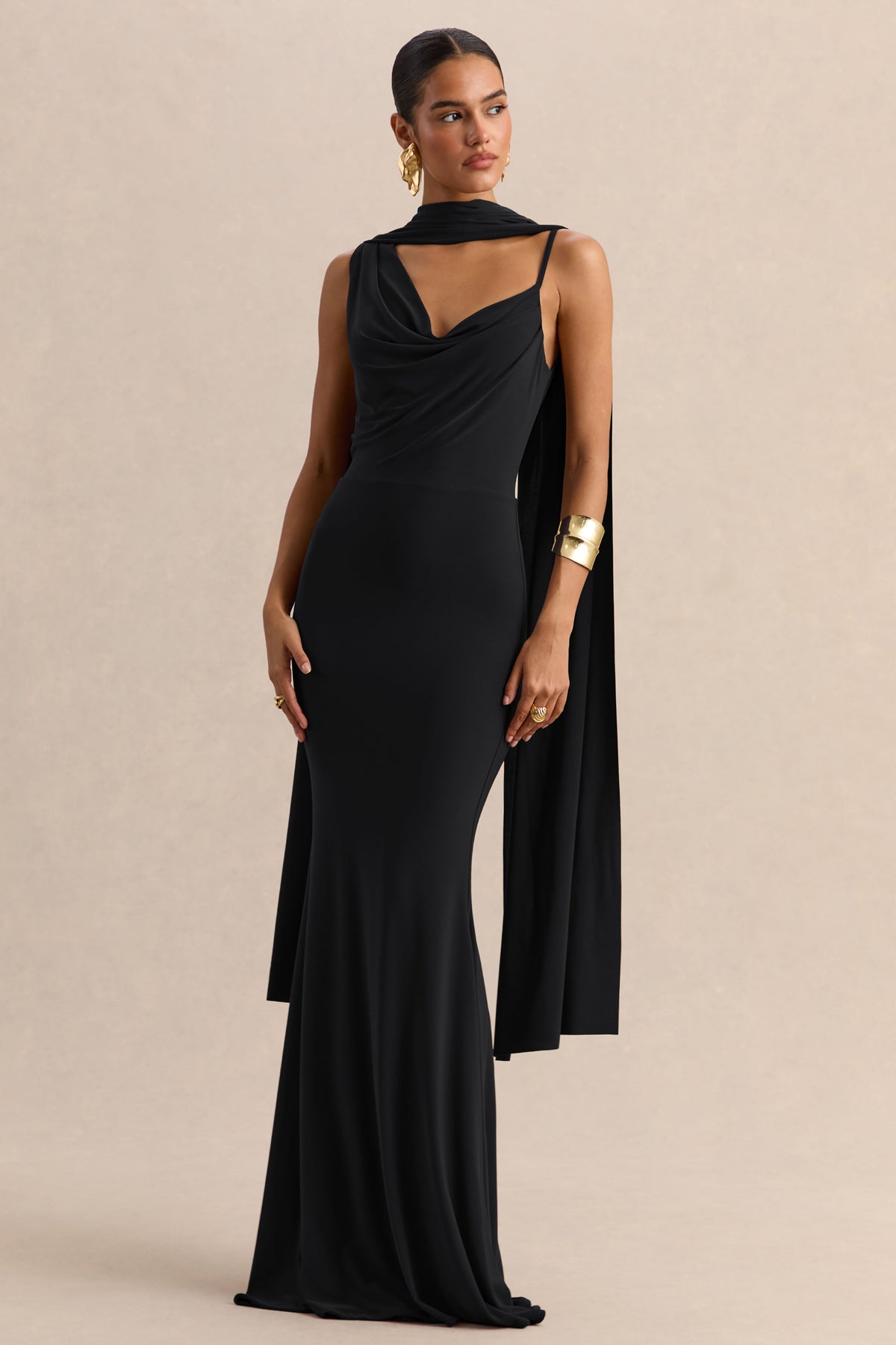 Armelia | Black Jersey Cowl Maxi Dress With Scarf Detail