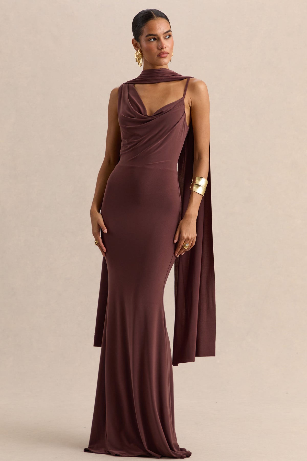 Armelia | Brown Jersey Cowl Maxi Dress With Scarf Detail