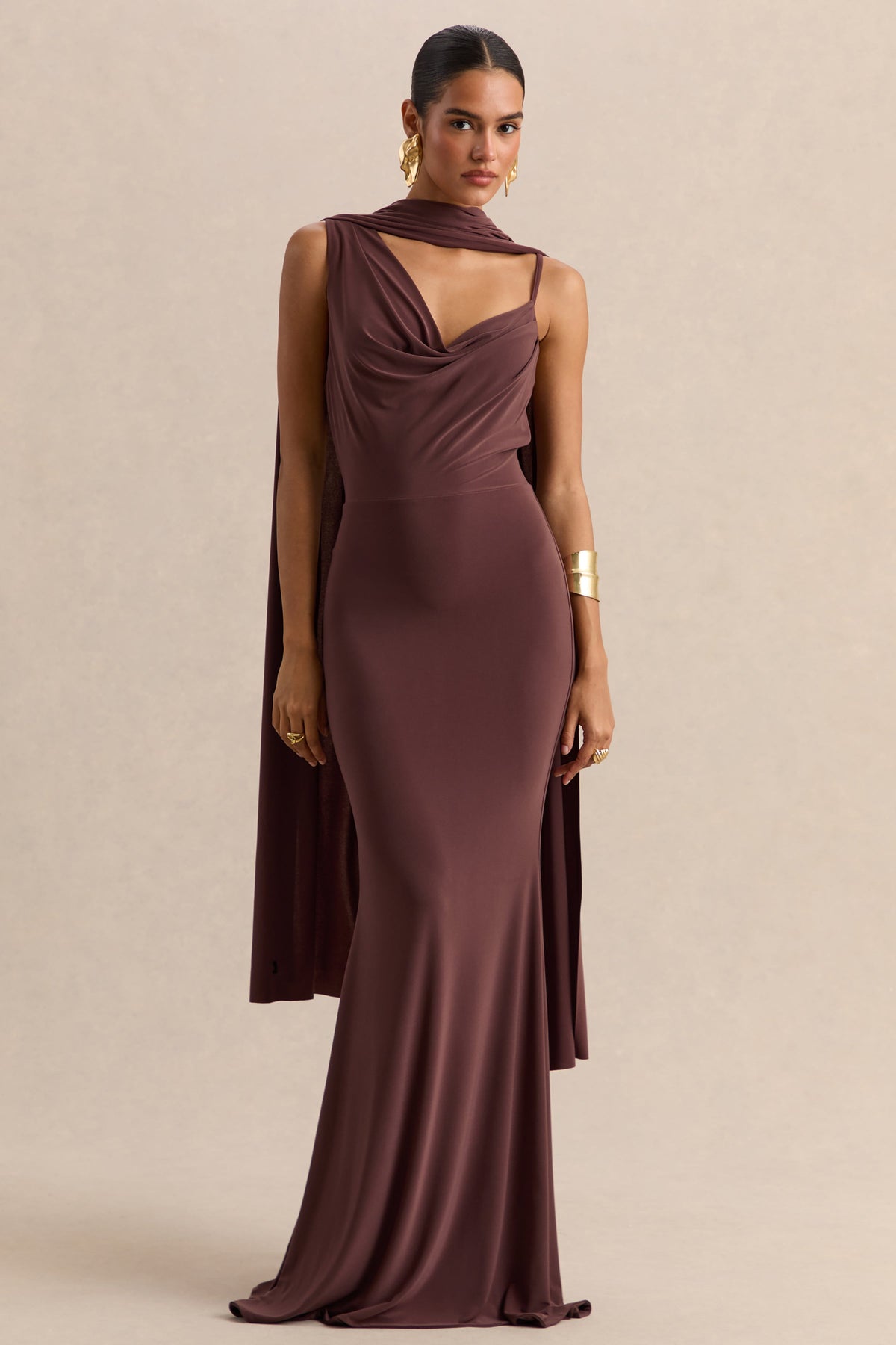 Armelia | Brown Jersey Cowl Maxi Dress With Scarf Detail