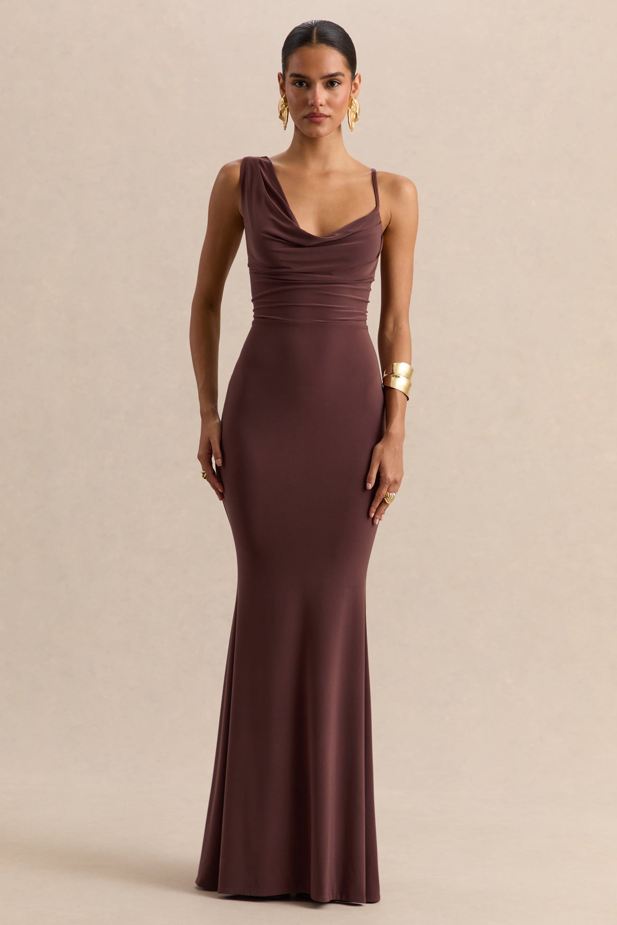 Armelia | Brown Jersey Cowl Maxi Dress With Scarf Detail