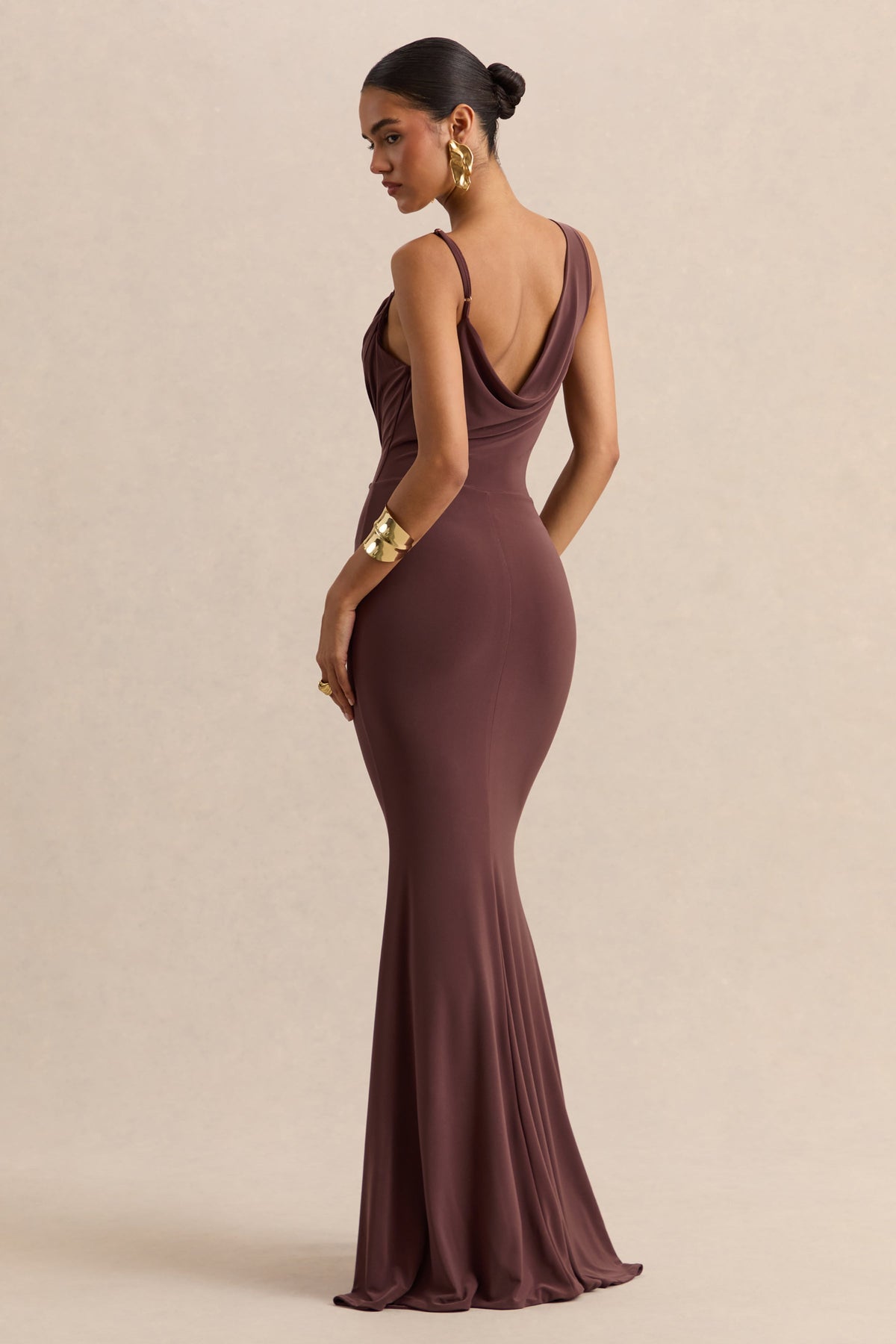 Armelia | Brown Jersey Cowl Maxi Dress With Scarf Detail