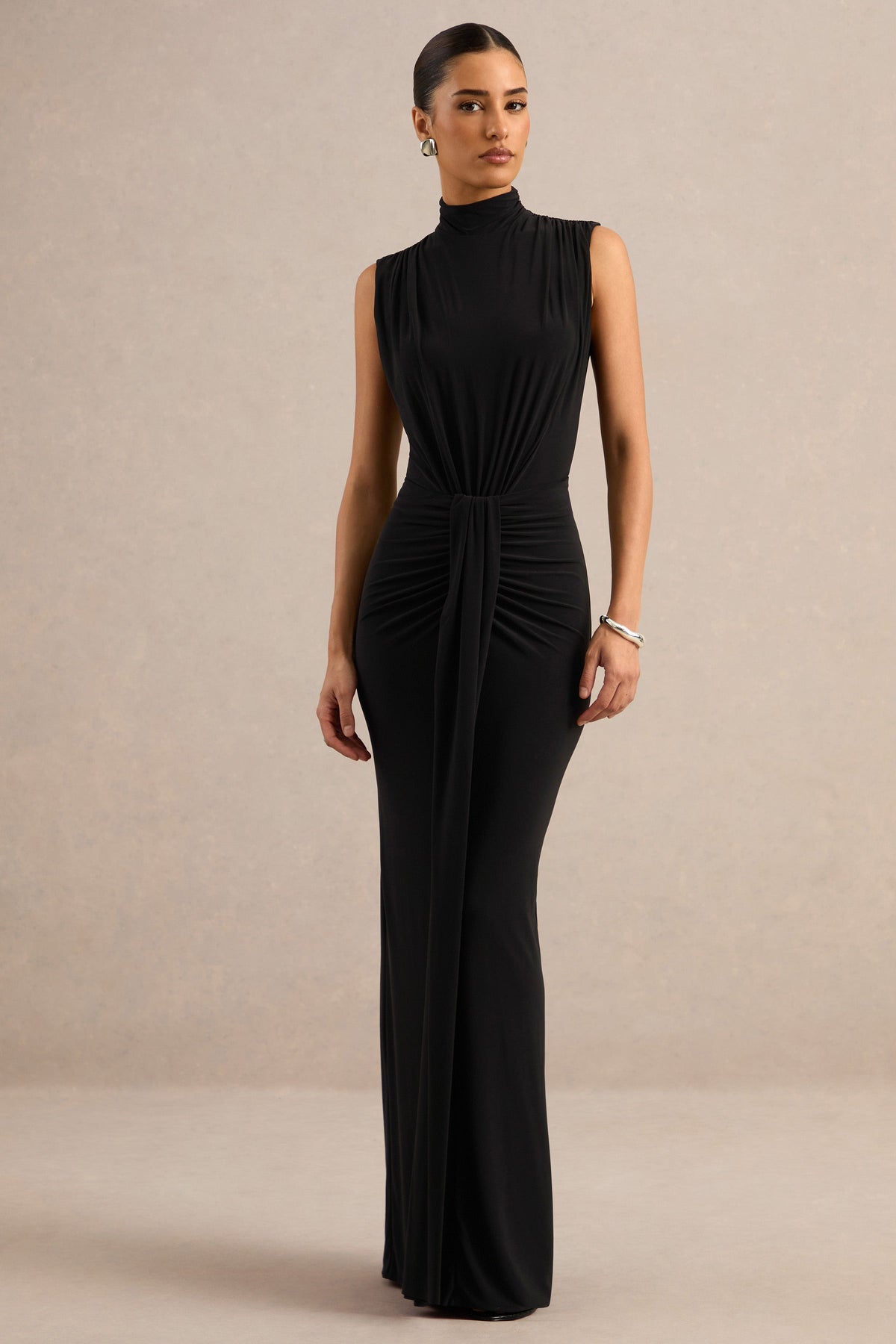 Isona | Black Jersey High Neck Maxi Dress With Gathered Detailing Sash