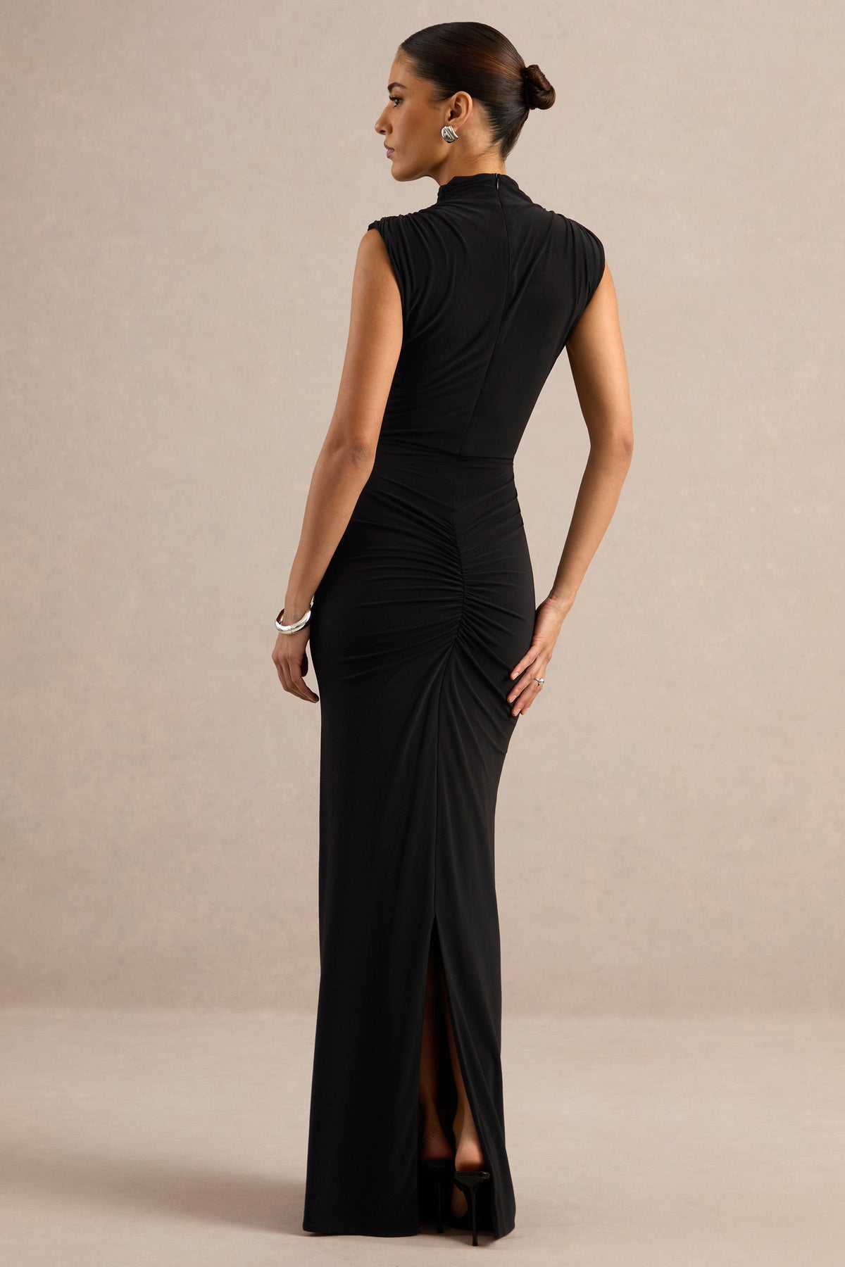 Isona | Black Jersey High Neck Maxi Dress With Gathered Detailing Sash