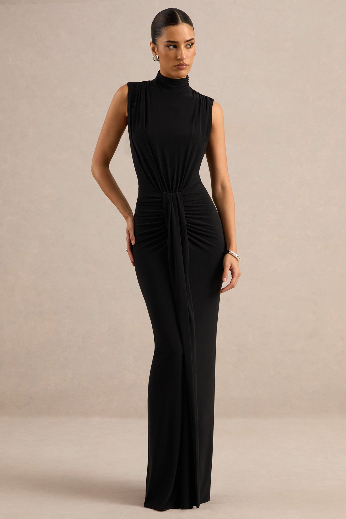 Isona | Black Jersey High Neck Maxi Dress With Gathered Detailing Sash