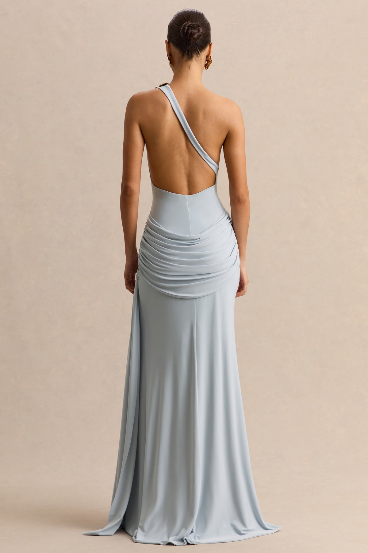 Belrose | Blue Asymmetric-Neck Maxi Dress With Gold-Detail And Front-High Split