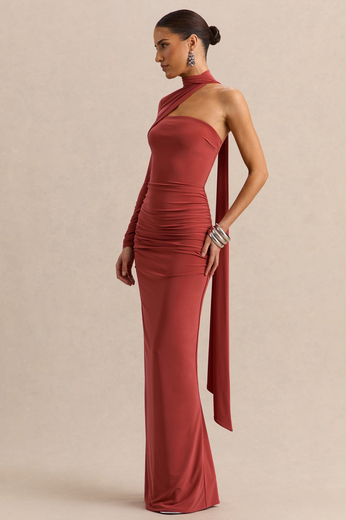 Cerisia | Rust Jersey One Sleeve Maxi Dress With Ruching and Sash