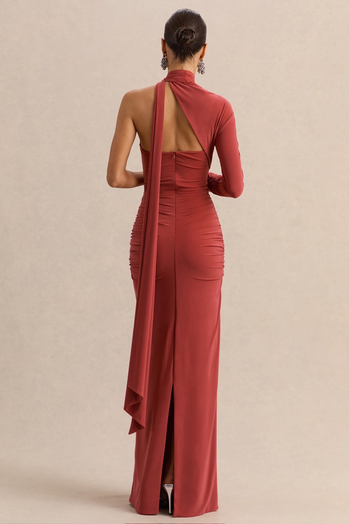 Cerisia | Rust Jersey One Sleeve Maxi Dress With Ruching and Sash