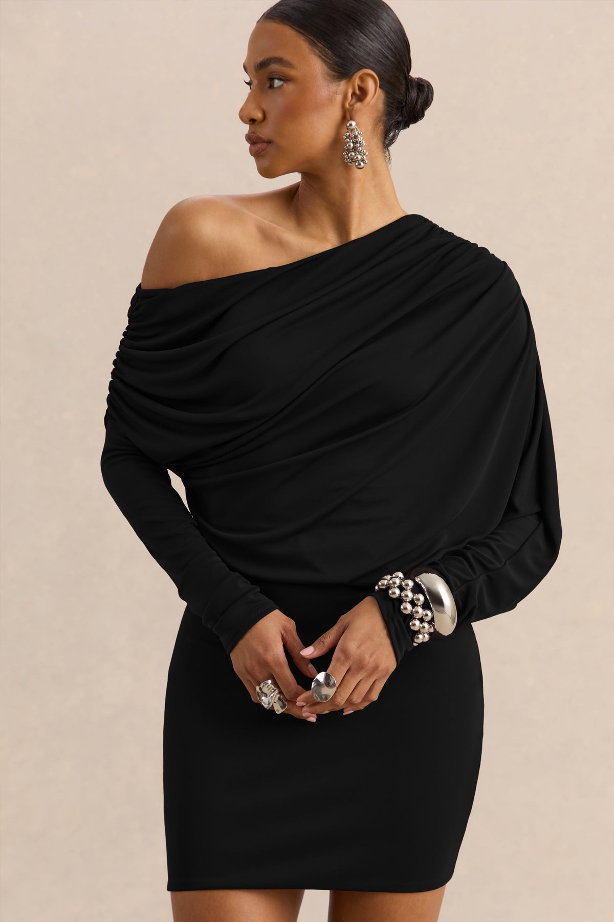 Inoria | Black Ruched One Shoulder Long Sleeve Mini Dress With Draped Detailing