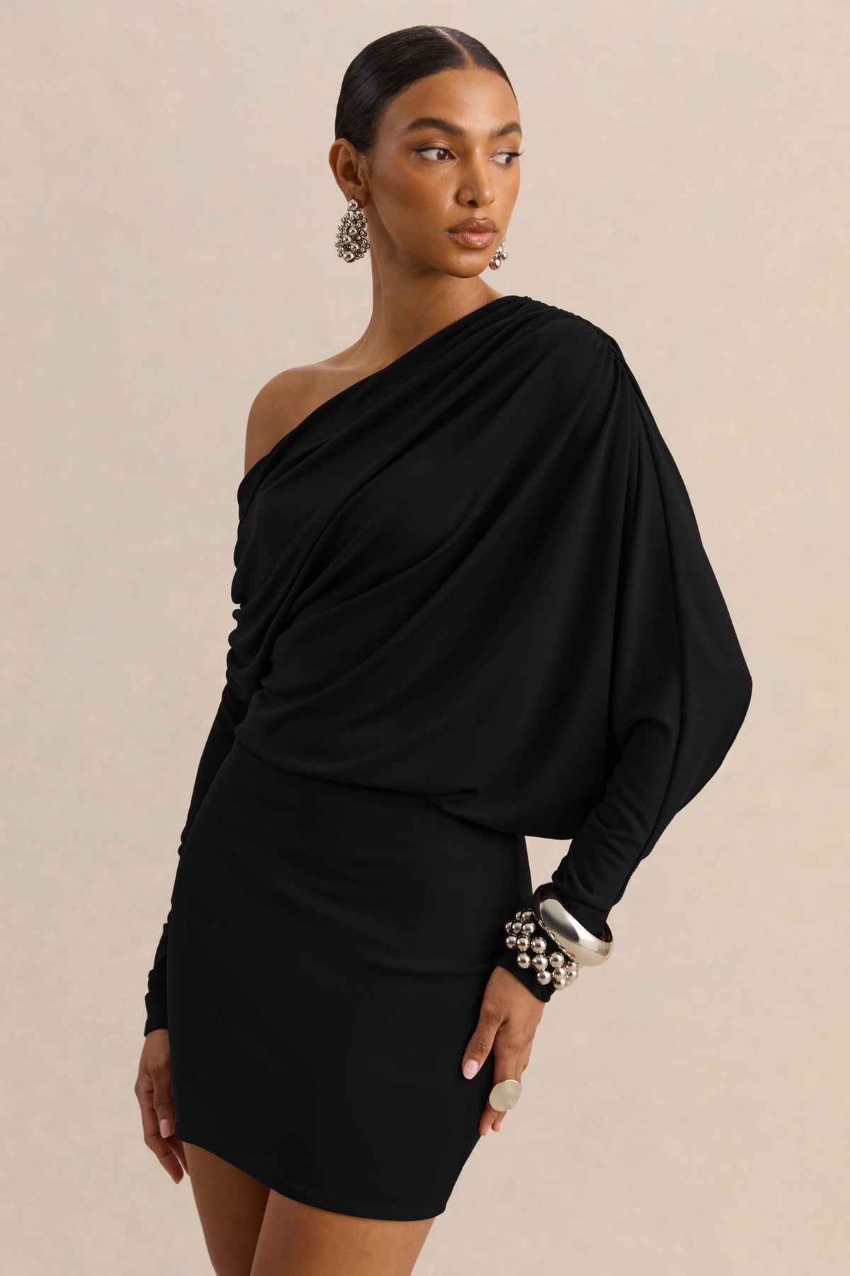Inoria | Black Ruched One Shoulder Long Sleeve Mini Dress With Draped Detailing