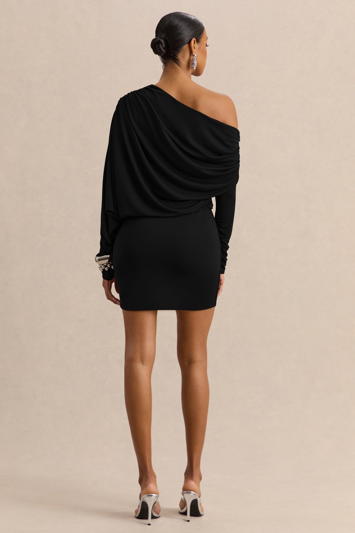 Inoria | Black Ruched One Shoulder Long Sleeve Mini Dress With Draped Detailing