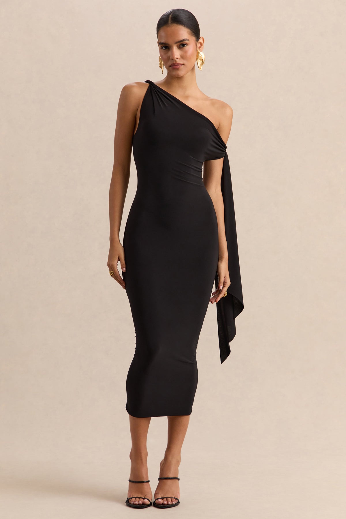 Arcelia | Black Jersey One Shoulder Midi Dress With Twist And Knot Sash Detailing
