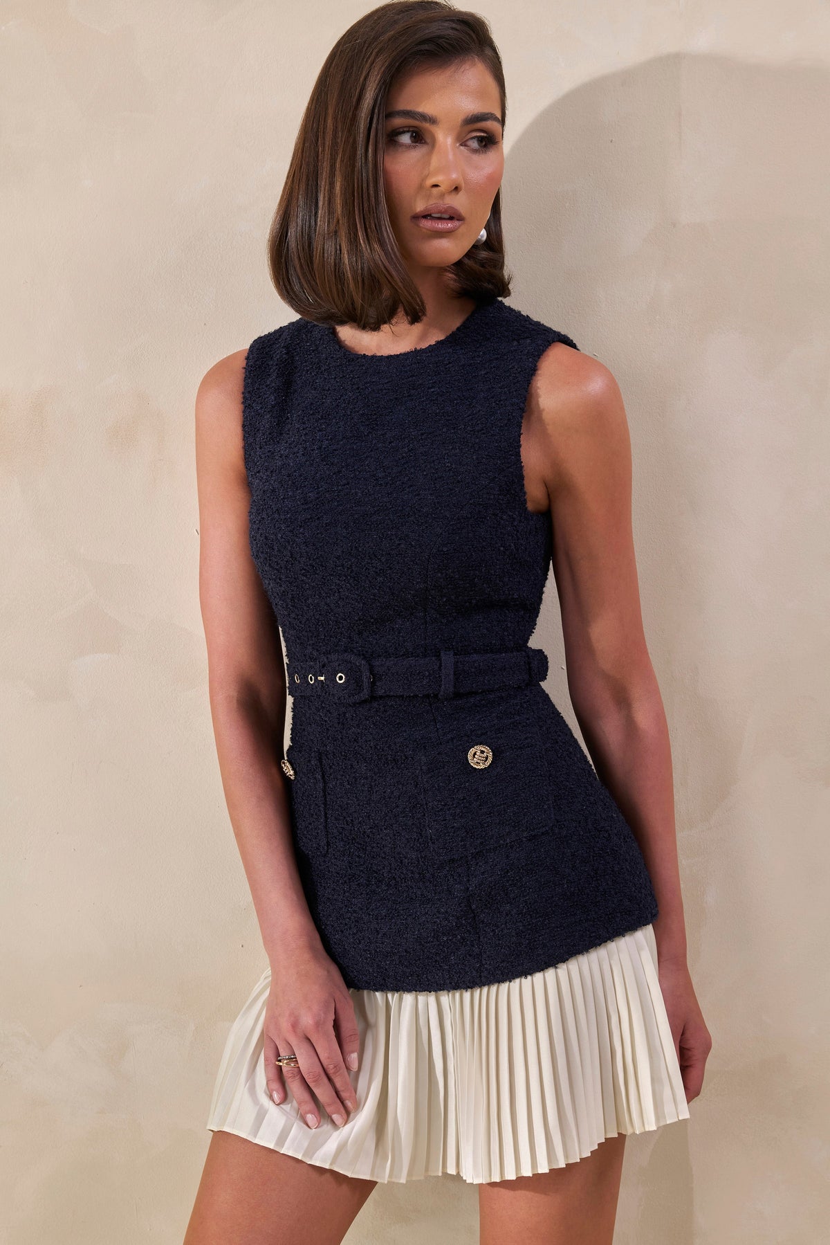 Anise | Navy Crew-Neck Belted Mini-Dress With White Pleated-Hem