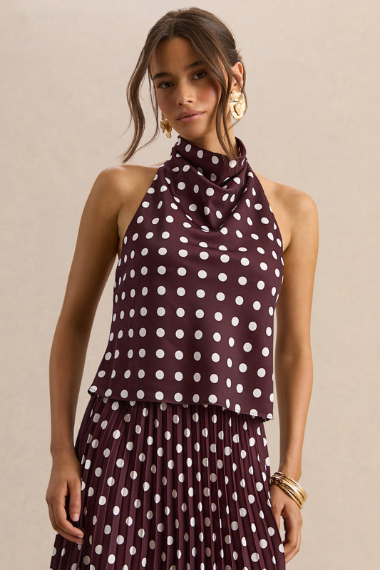 Lirona | Brown Polka-Dot Satin High-Neck Top