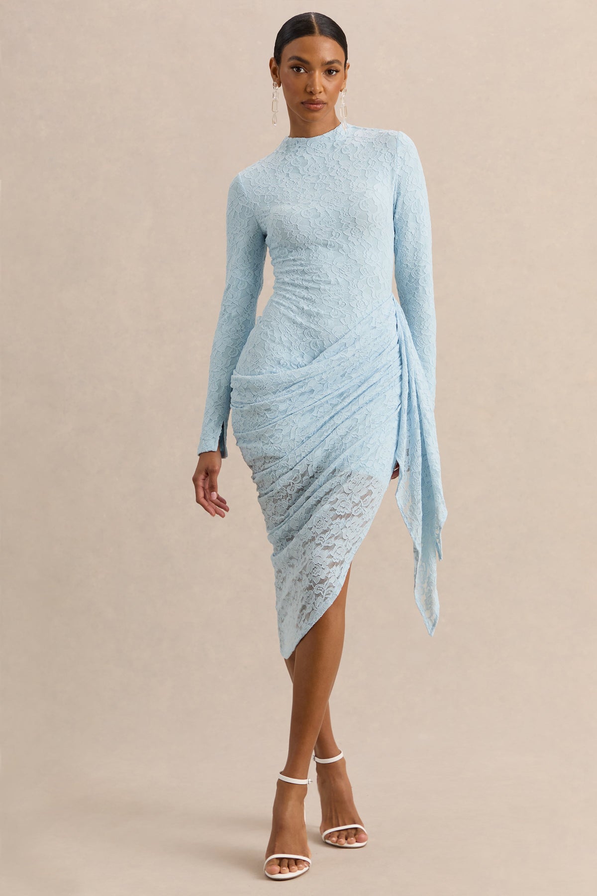 Laureline | Powder Blue Lace Round Neck Long Sleeve Midi Dress With Draped Skirt