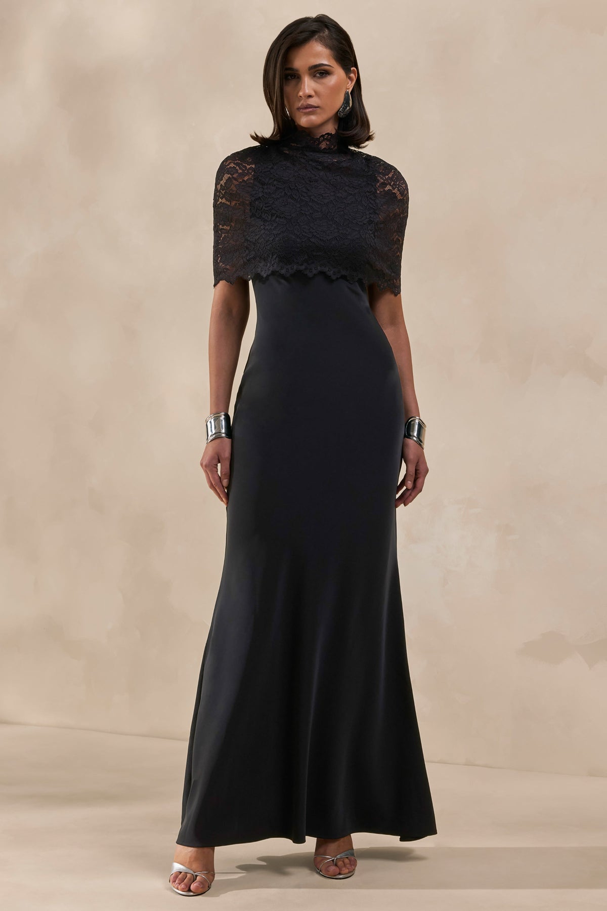 Caliro | Black Lace High Neck Short Sleeve Cape With Sheer Detail
