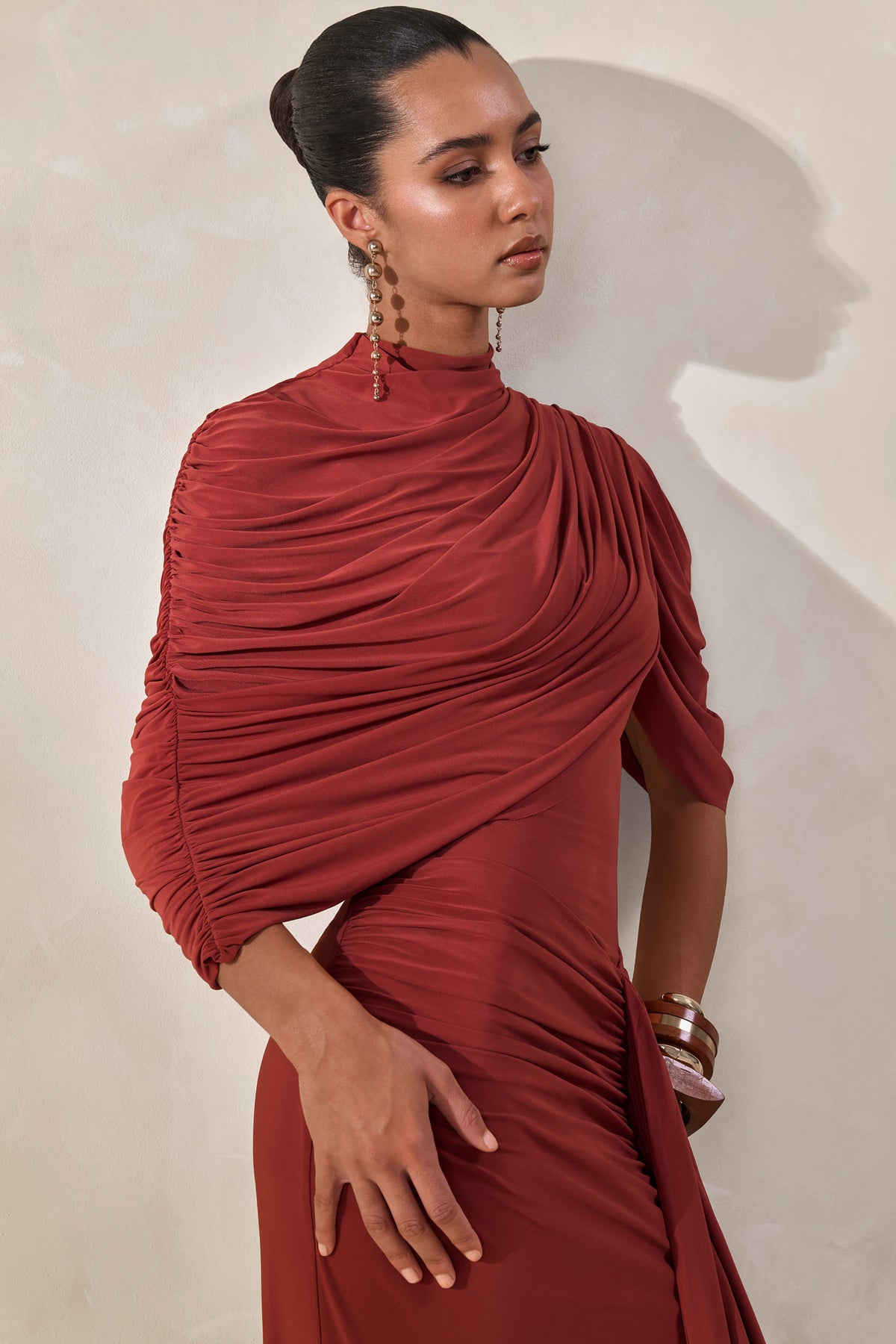 Fenicia | Rust High-Neck Thong Bodysuit With Cape Detail