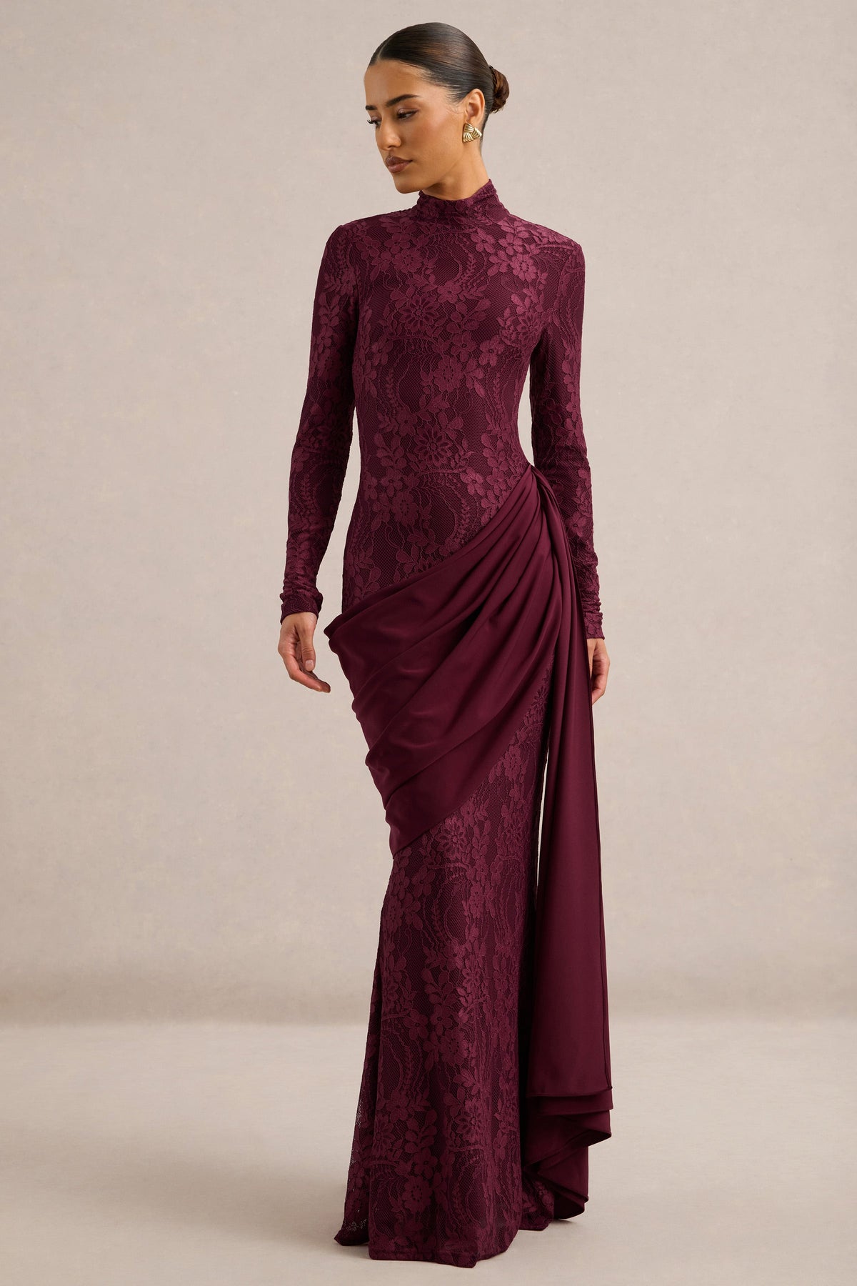 Enestra | Burgundy Lace High Neck Long Sleeve Maxi Dress With Draped Detailing And Sash